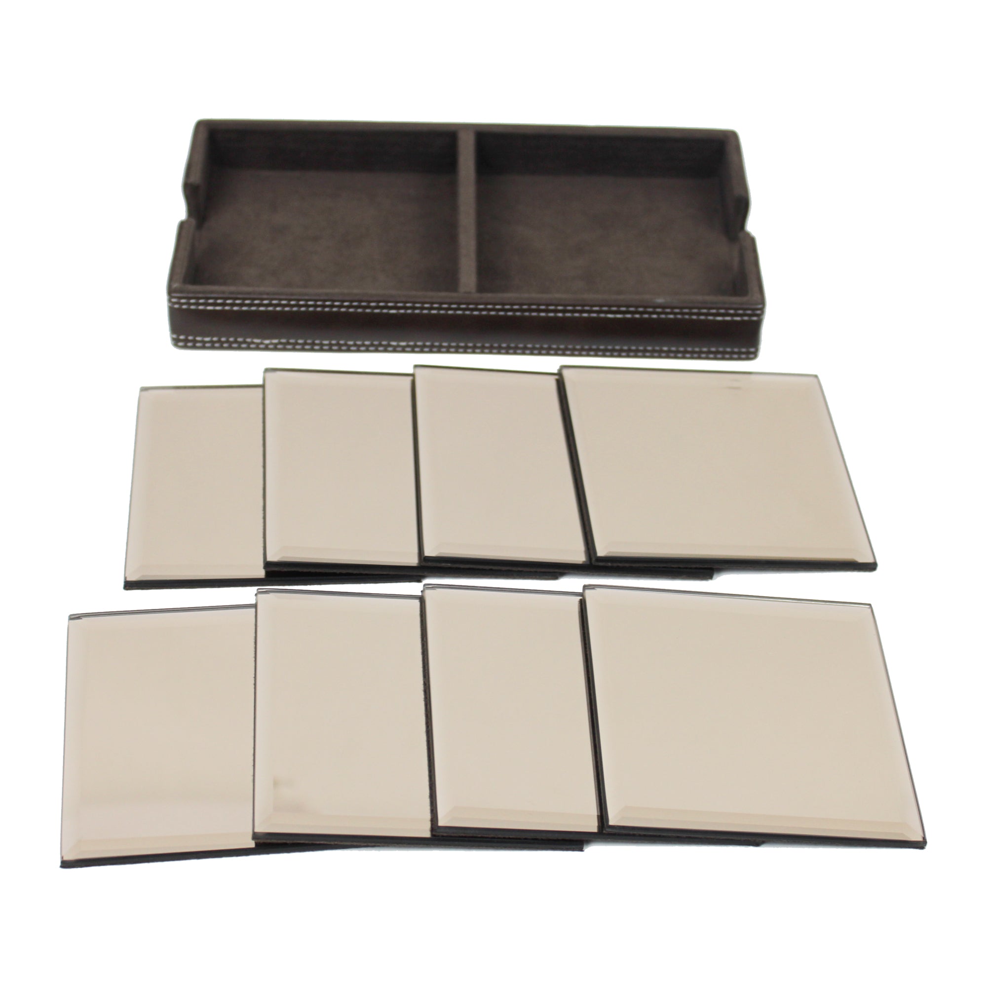Brown Glass Coasters Set of Eight with Leatherite Caddy Tray