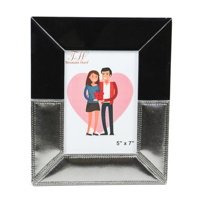 Black Glass Mirror with Grey Leatherette Picture / Photo Frame for Valentine-s Day (Picture Size: 5 x 7 Inch)