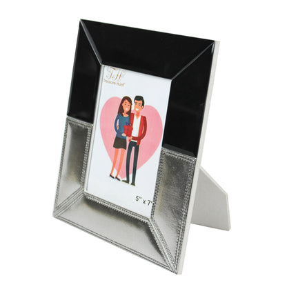 Black Glass Mirror with Grey Leatherette Picture / Photo Frame for Valentine-s Day (Picture Size: 5 x 7 Inch)