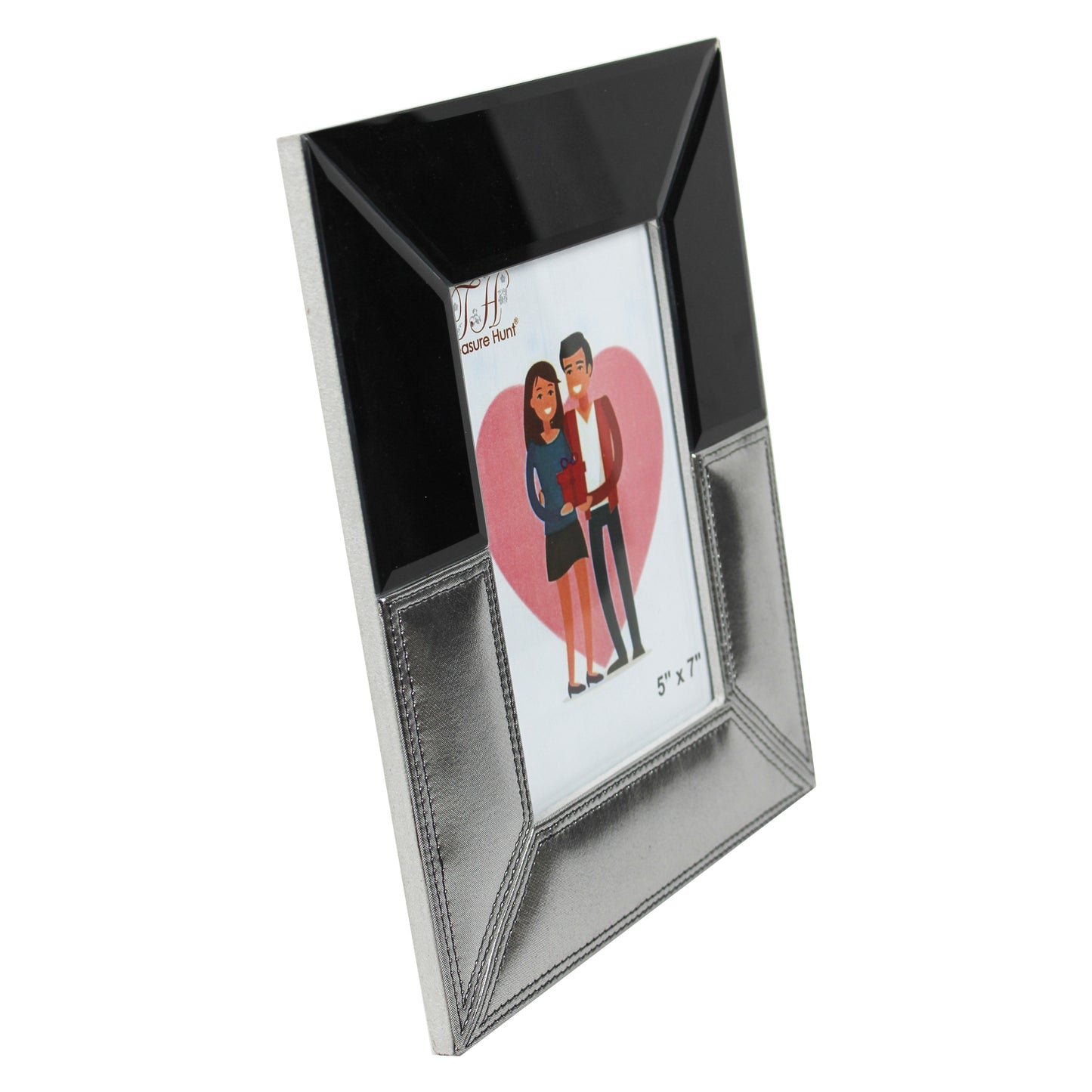 Black Glass Mirror with Grey Leatherette Picture / Photo Frame for Valentine-s Day (Picture Size: 5 x 7 Inch)