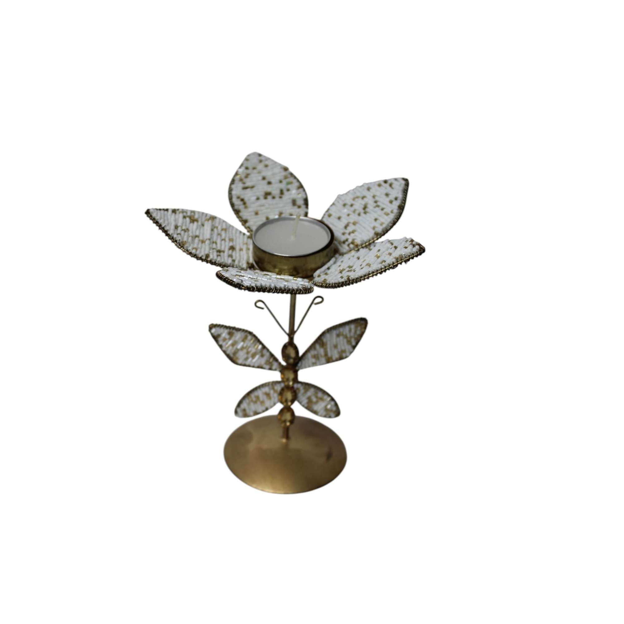 Handmade Champagne Gold Butterfly Tealight Candle Holder – Beaded Flower Centerpiece