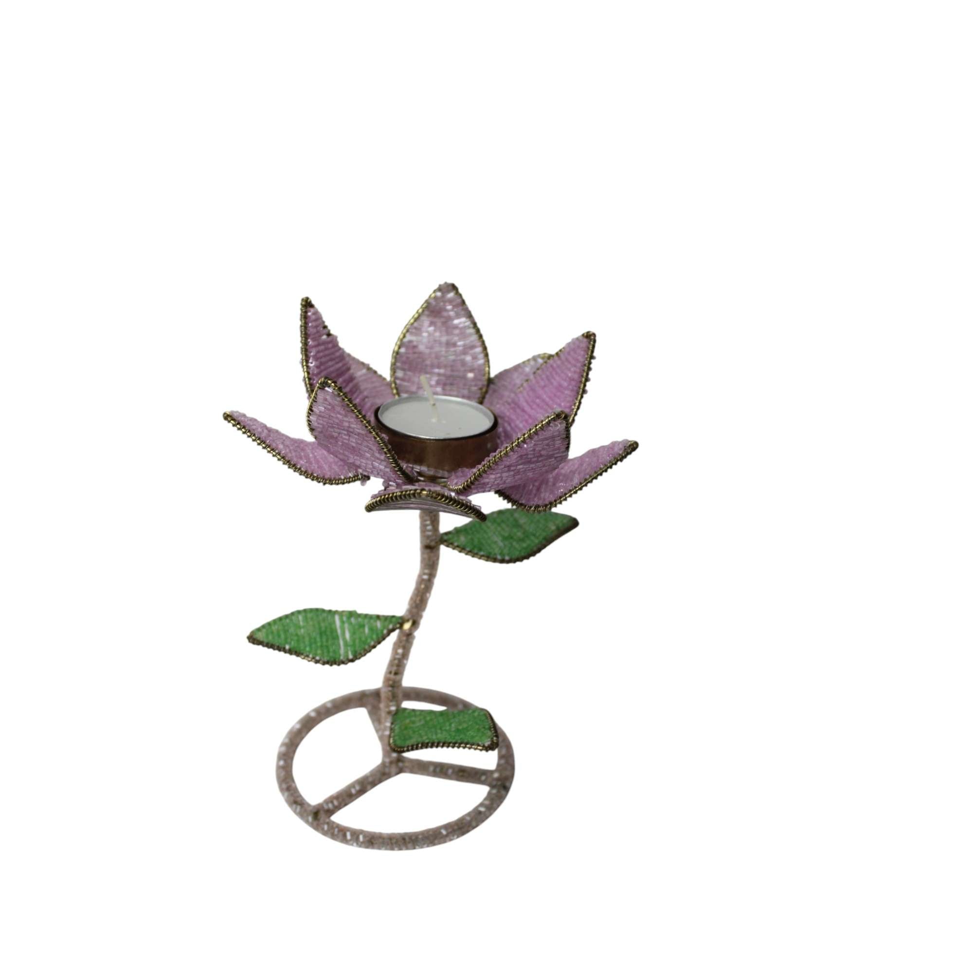 Handmade Beaded Lotus Tealight Candle Holder – Pink Flower with Green Leaves