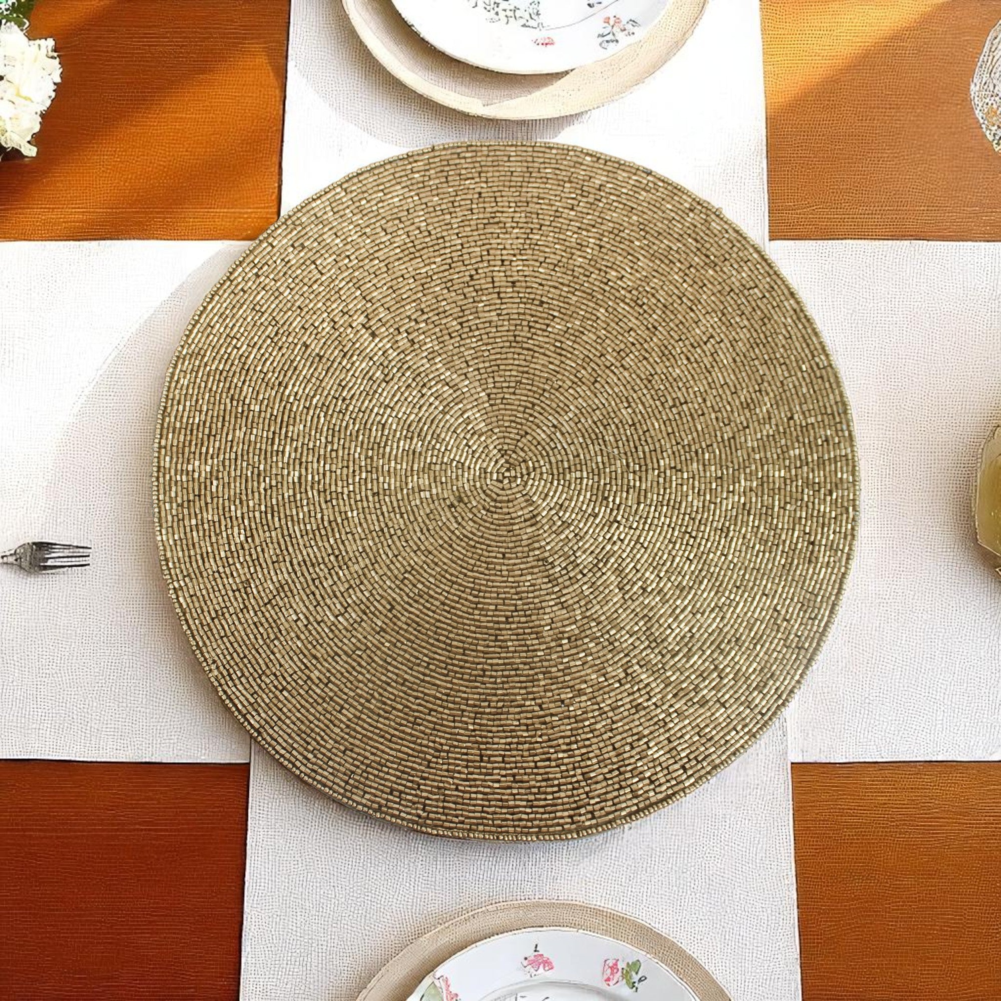 Gold Beaded Placemats for Dining Set of Two