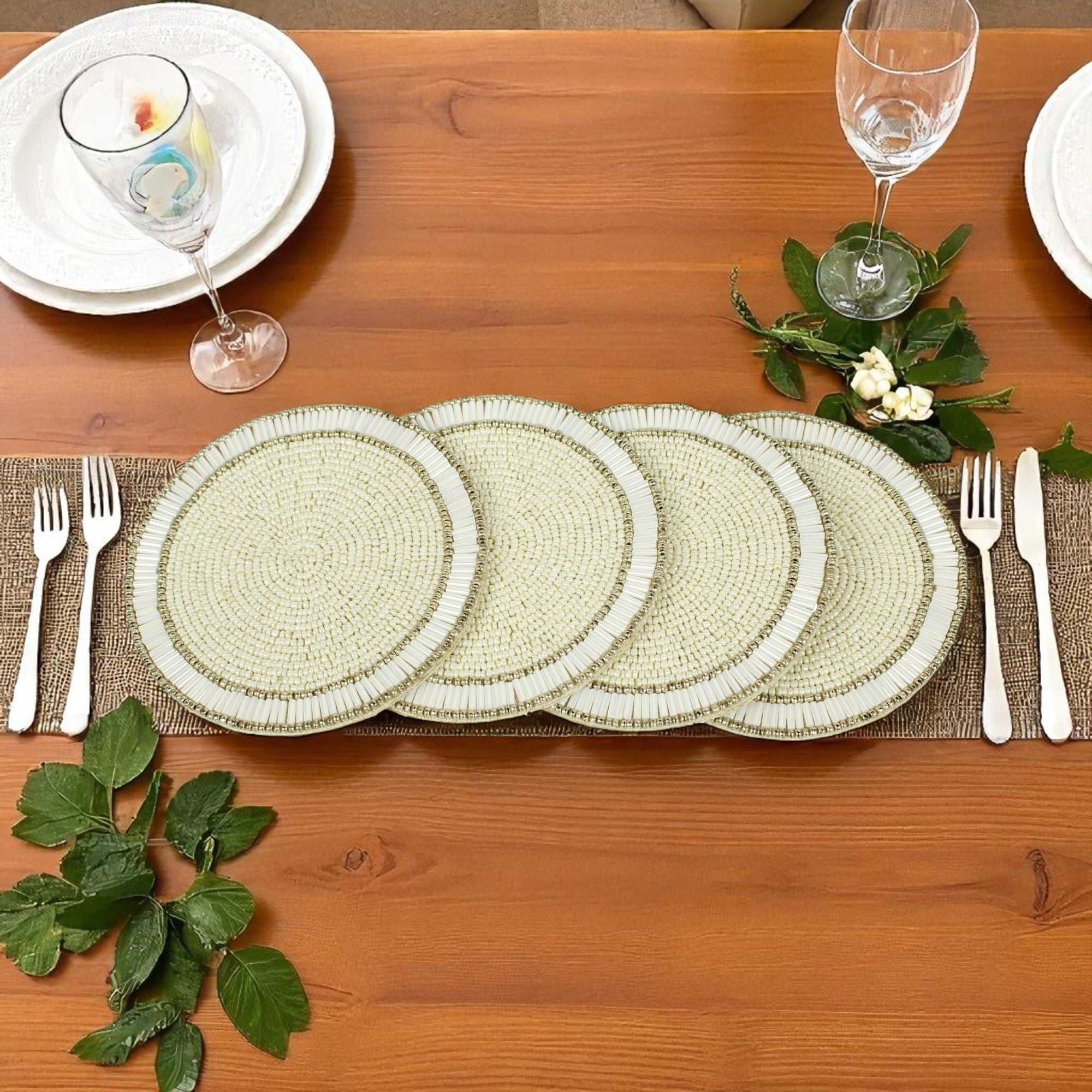 Round Beaded Embroidered Coaster Set of Four