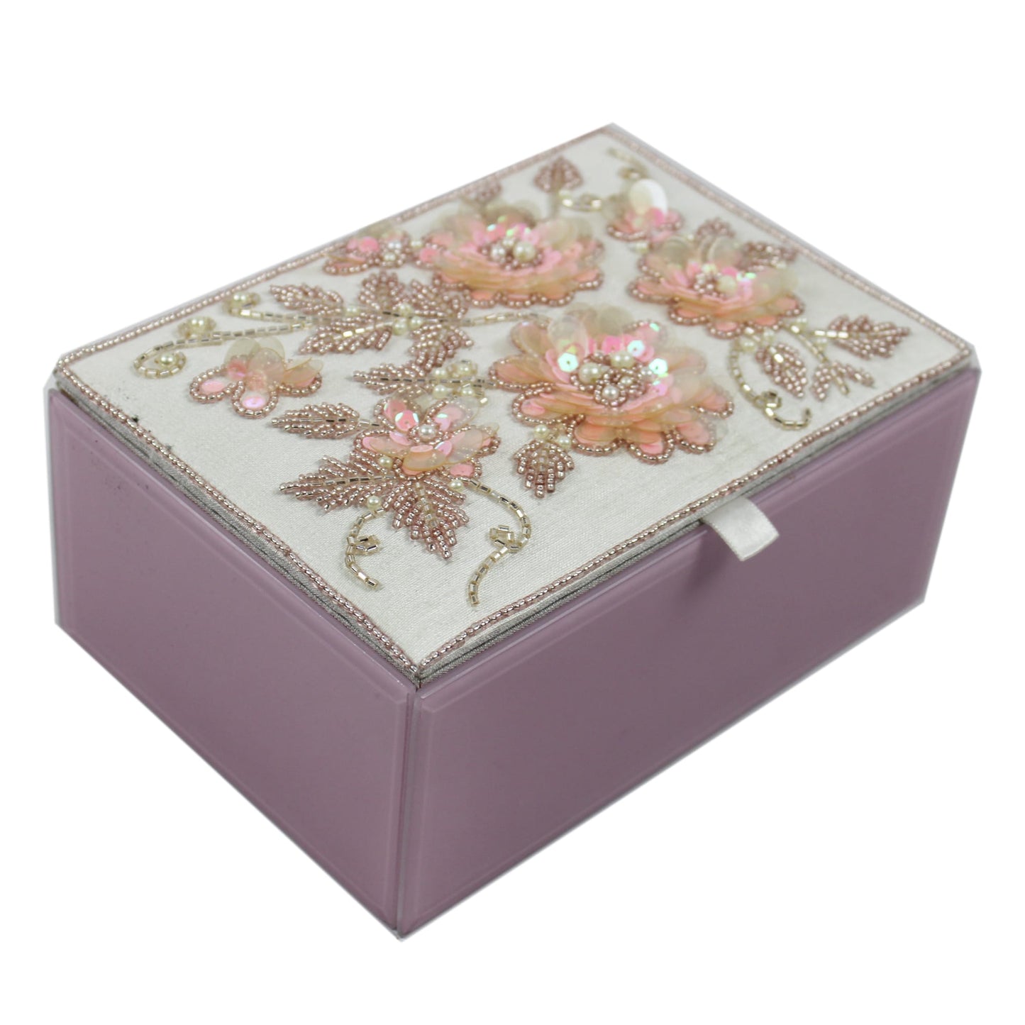 Floral Embroidered Storage Box with Tray & Glass