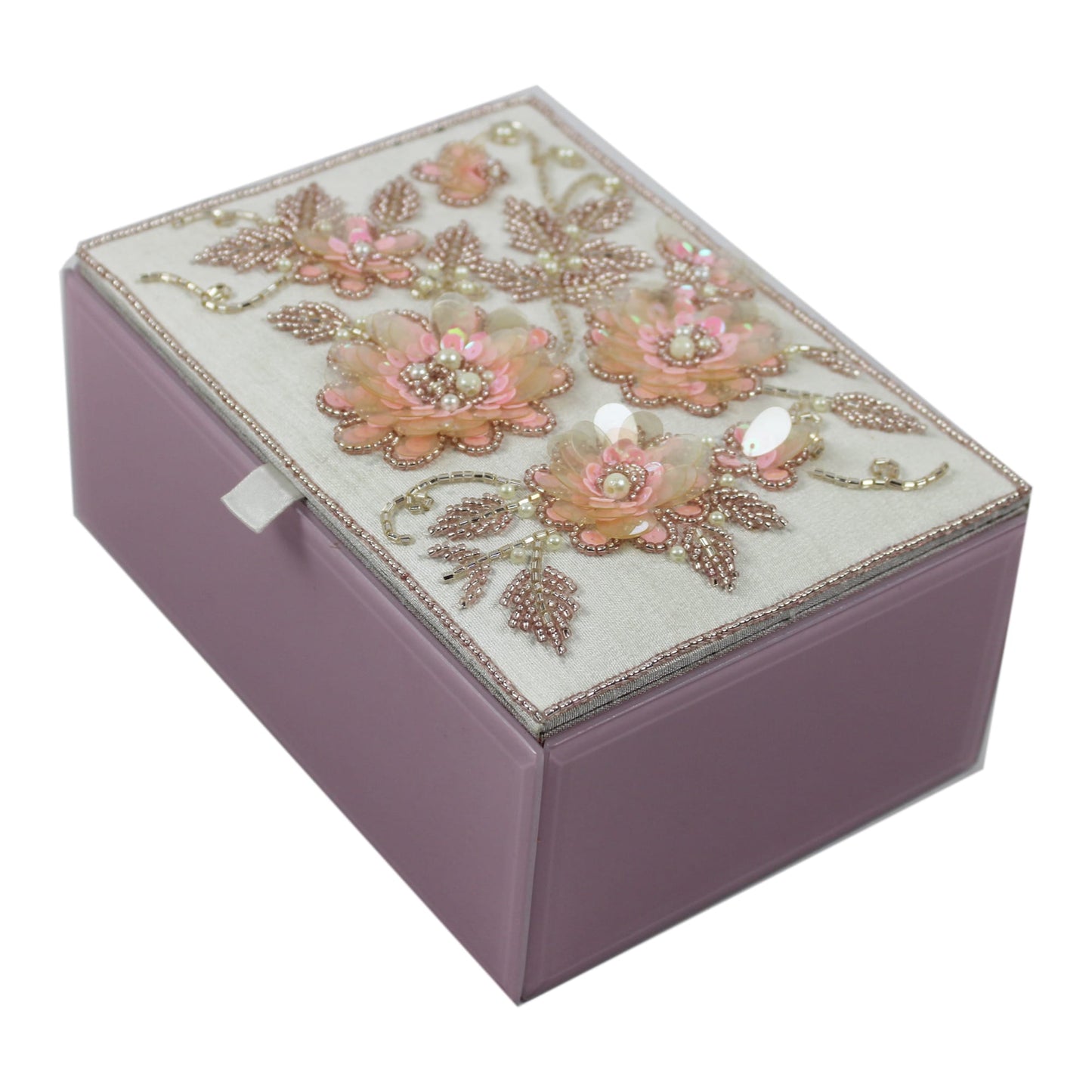 Floral Embroidered Storage Box with Tray & Glass