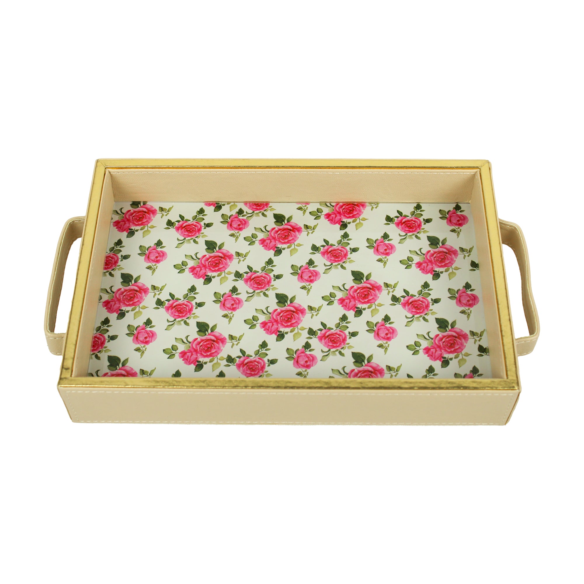 Rose Printed Glass and Leatherite Serving Tray