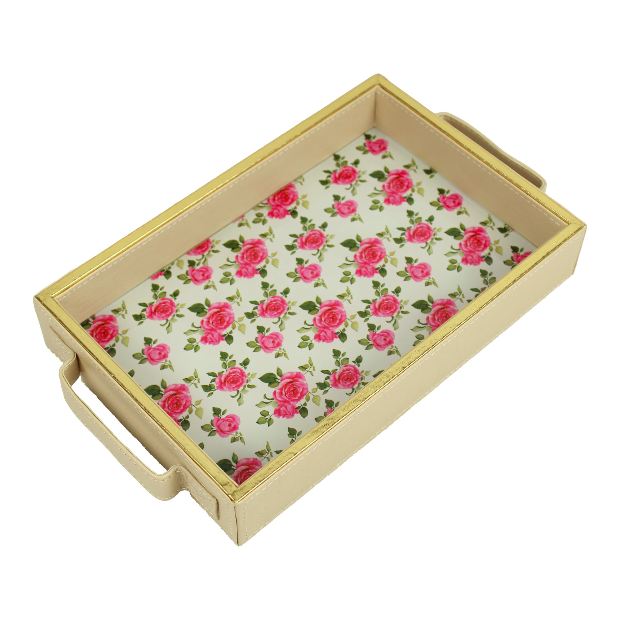 Rose Printed Glass and Leatherite Serving Tray