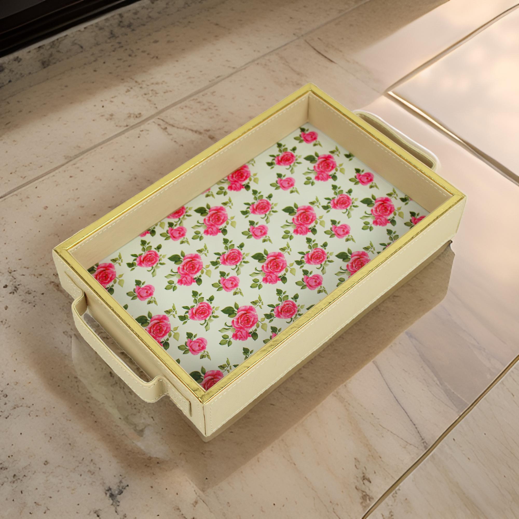 Rose Printed Glass and Leatherite Serving Tray