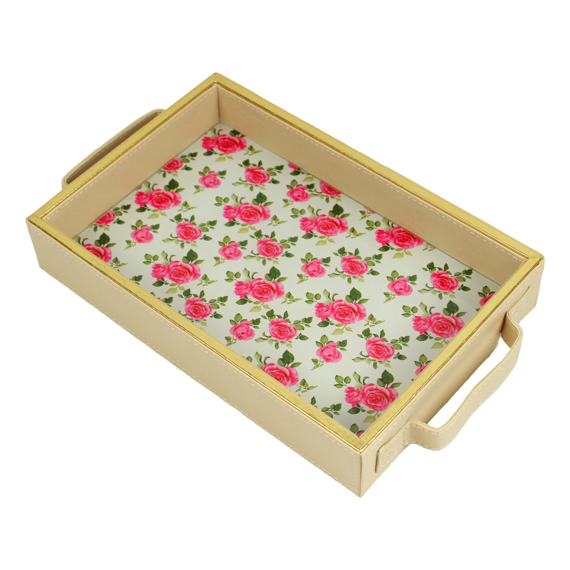 Rose Printed Glass and Leatherite Serving Tray