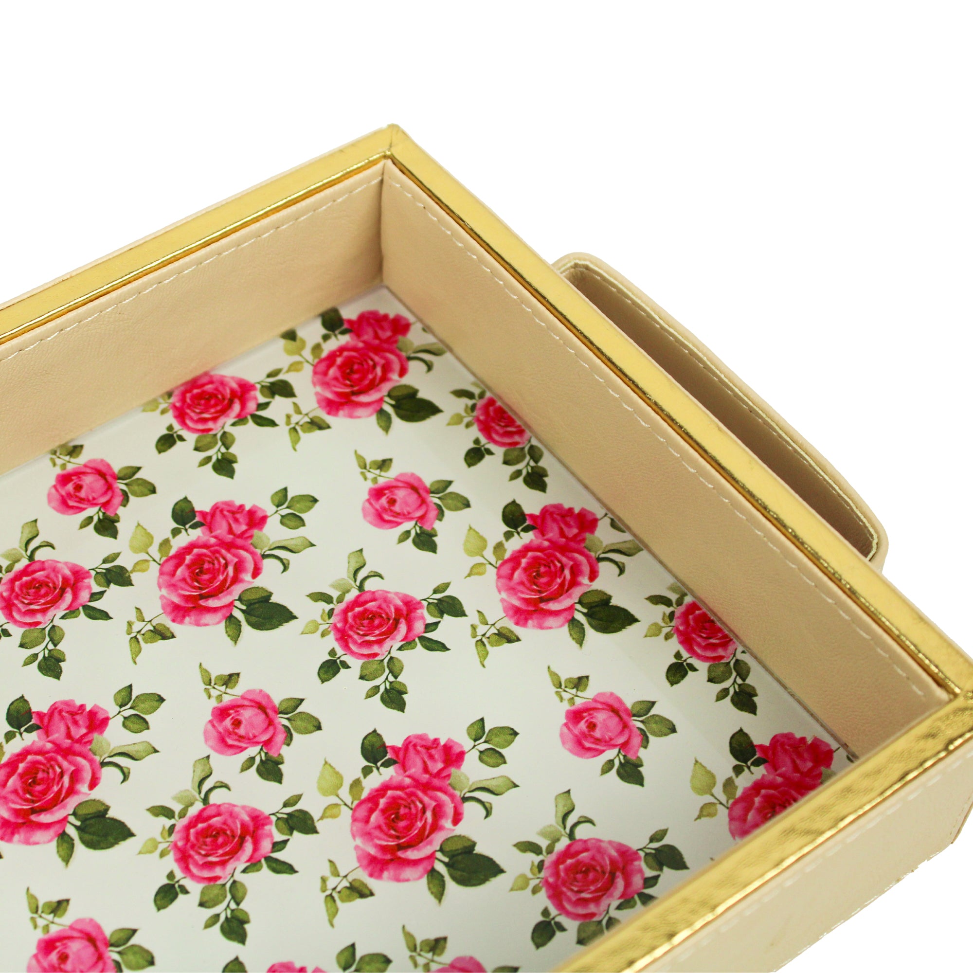 Rose Printed Glass and Leatherite Serving Tray
