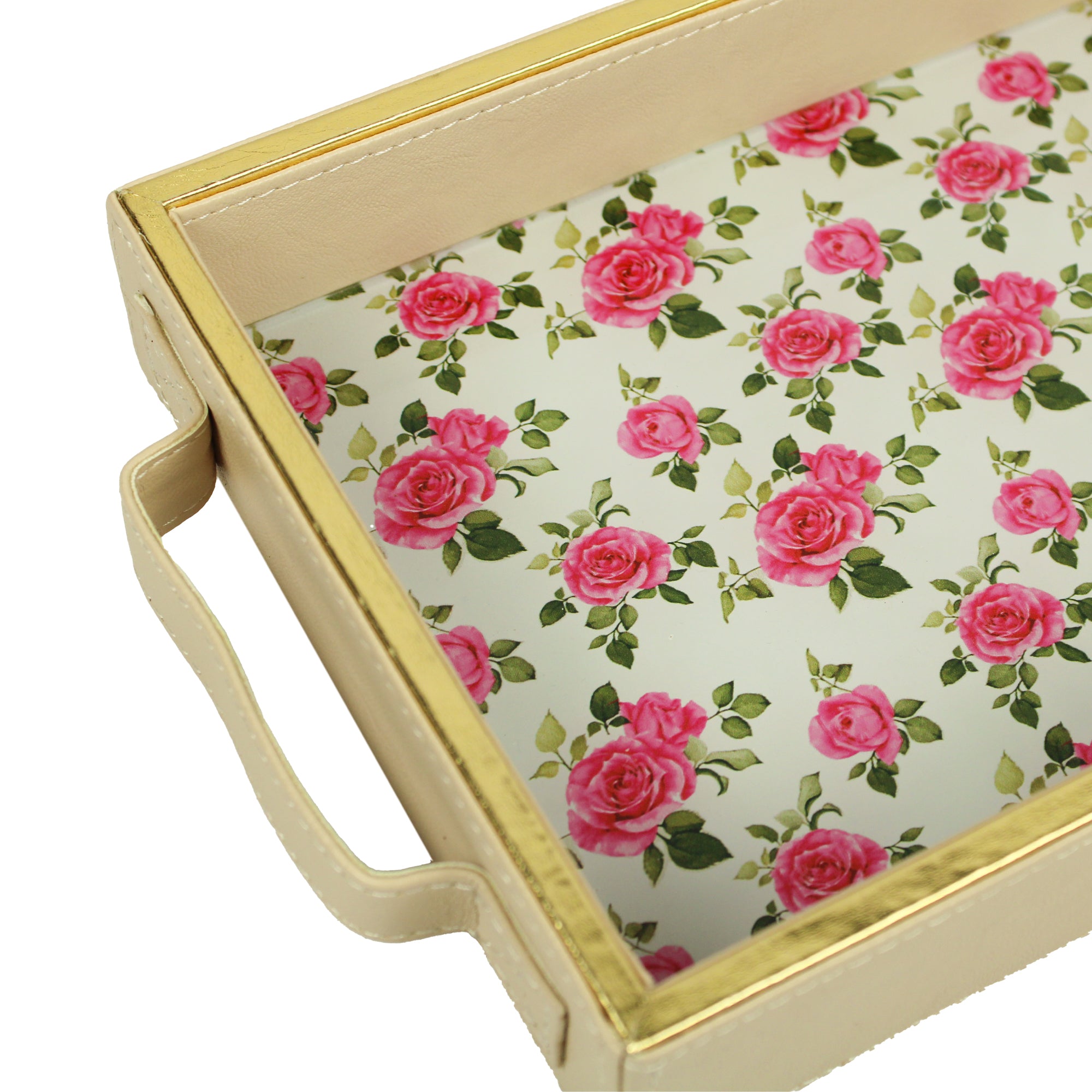 Rose Printed Glass and Leatherite Serving Tray