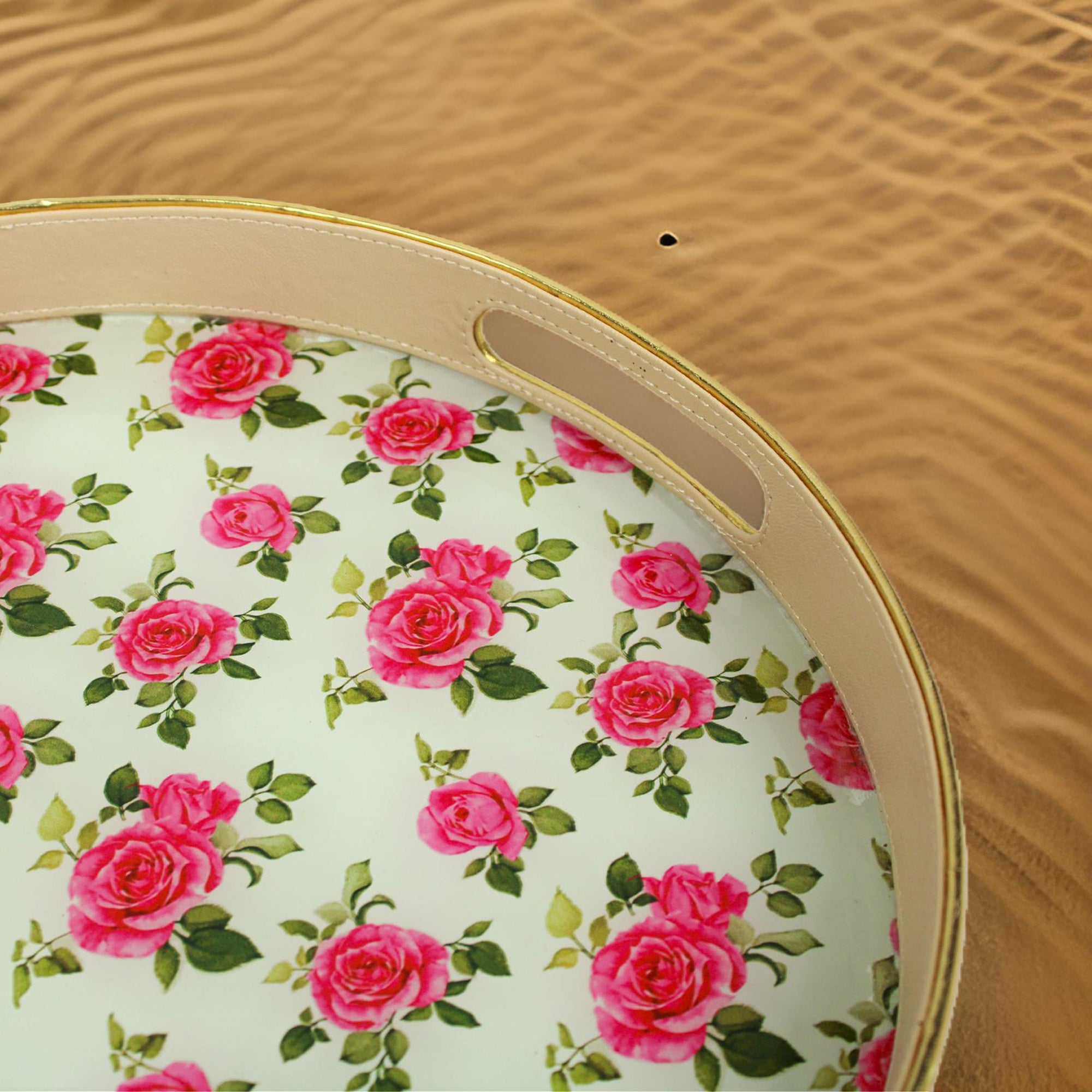 Designer Rose Printed Glass Serving Round Tray
