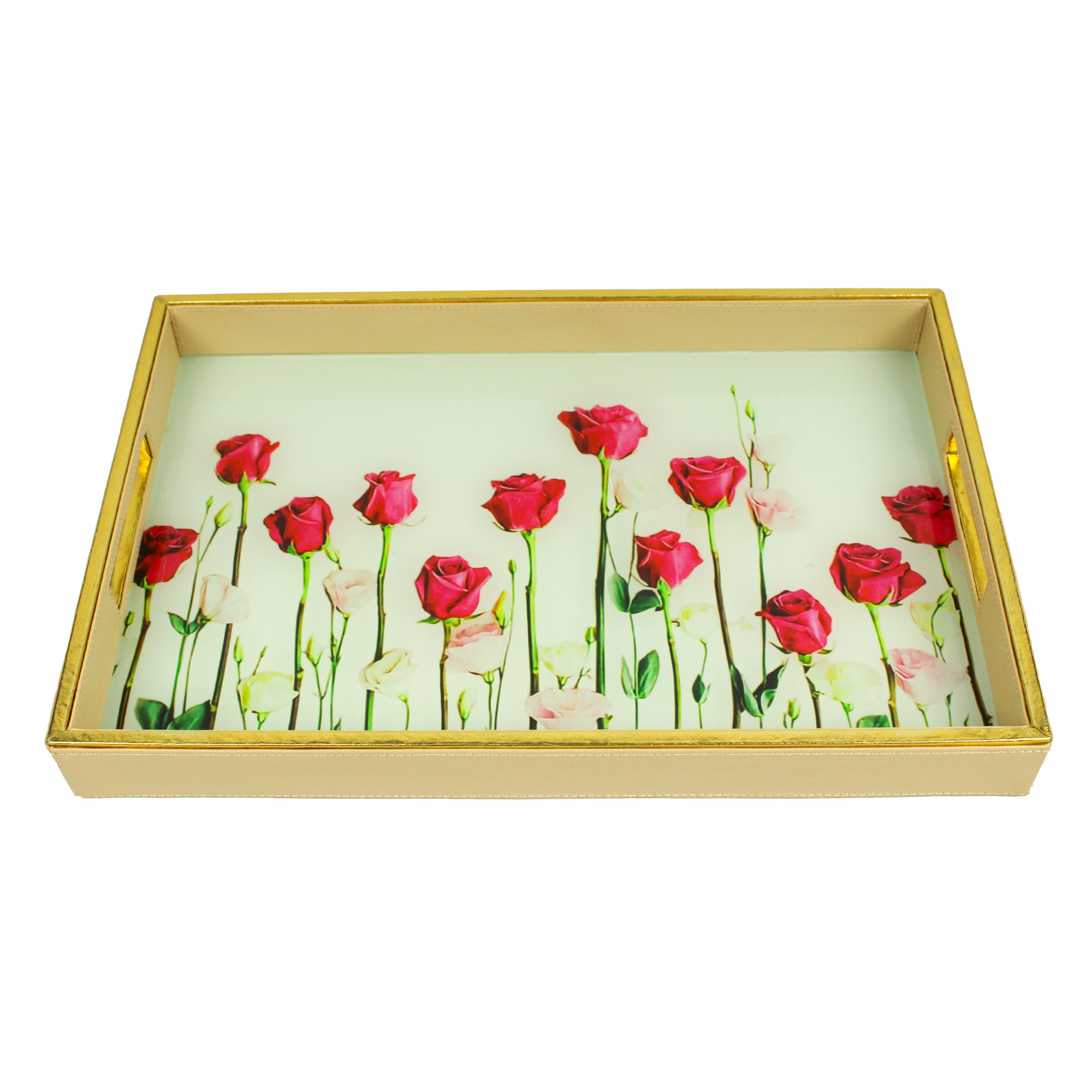 Designer Rose Printed Glass Rectangular Serving Tray
