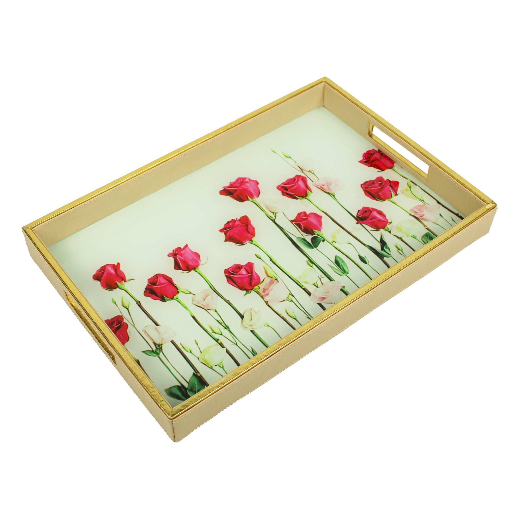 Designer Rose Printed Glass Rectangular Serving Tray