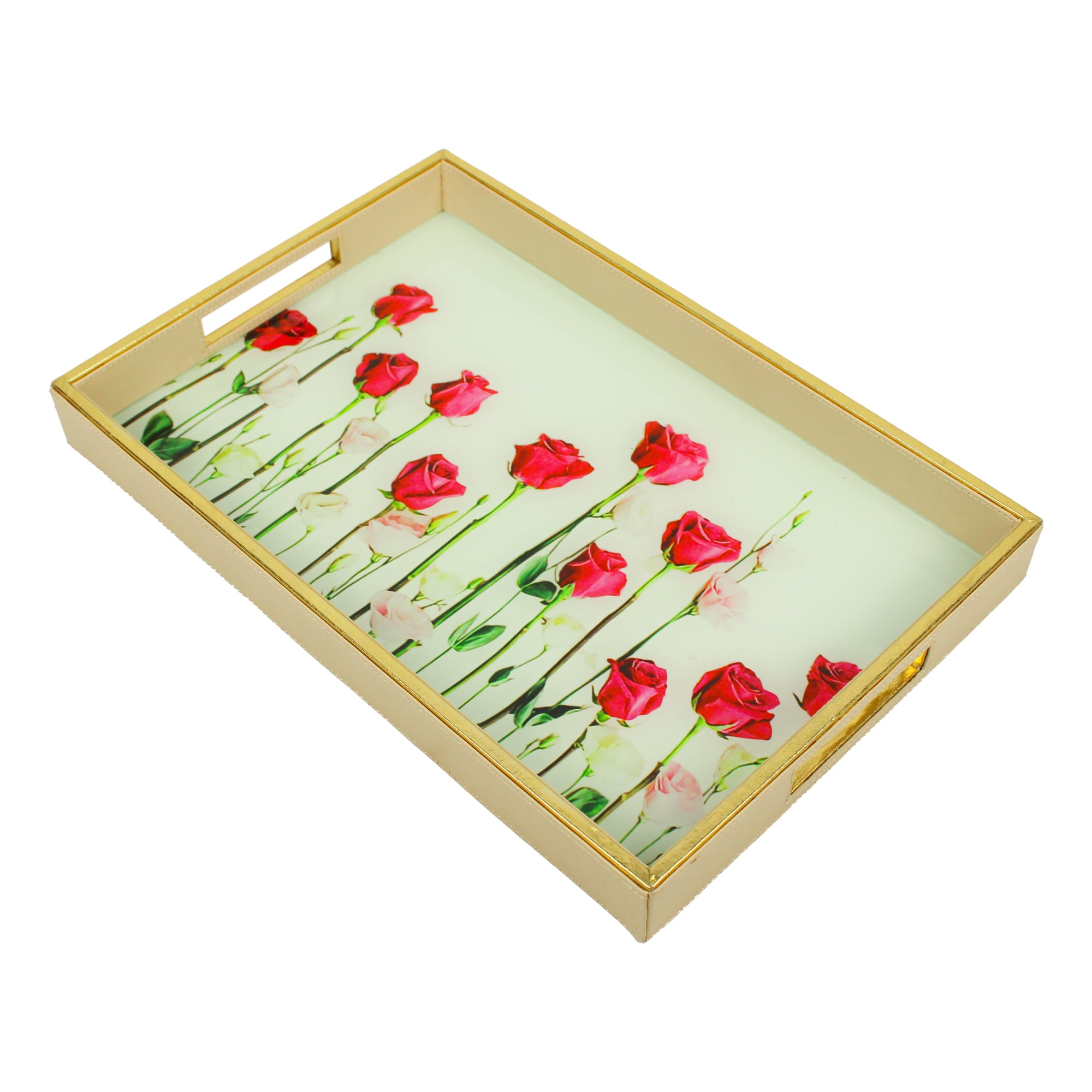 Designer Rose Printed Glass Rectangular Serving Tray