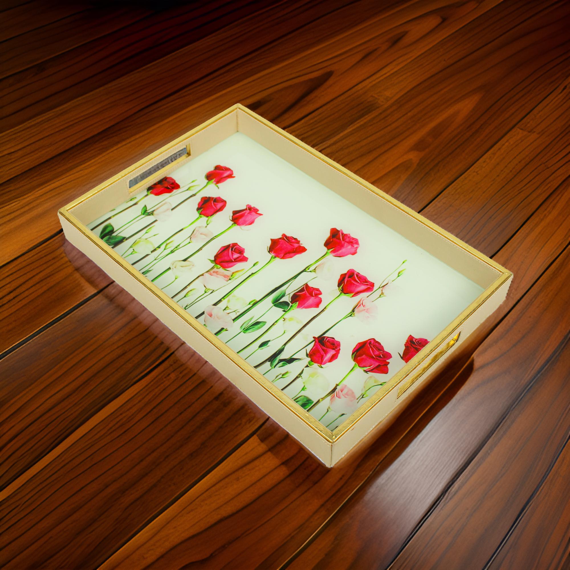 Designer Rose Printed Glass Rectangular Serving Tray