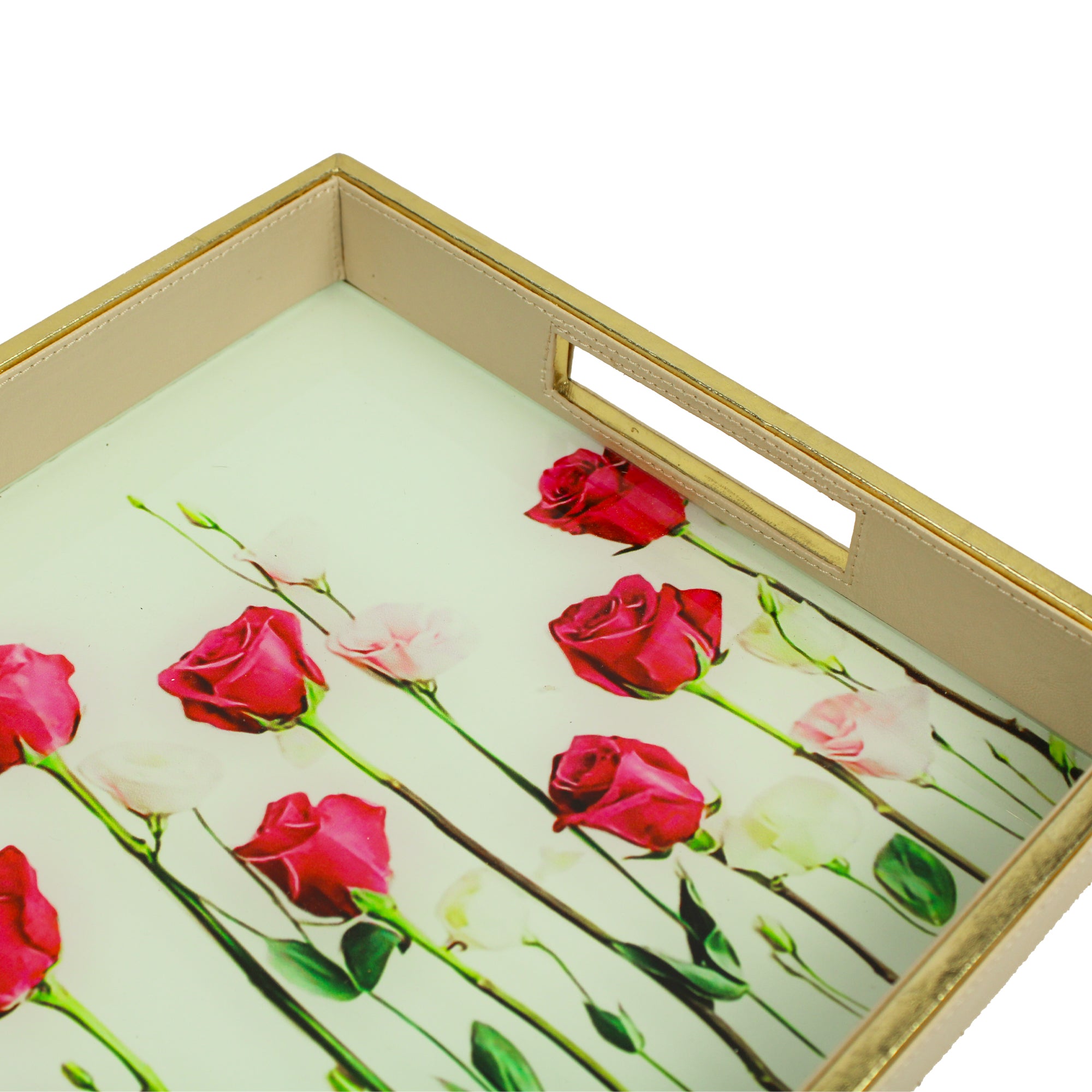 Designer Rose Printed Glass Rectangular Serving Tray