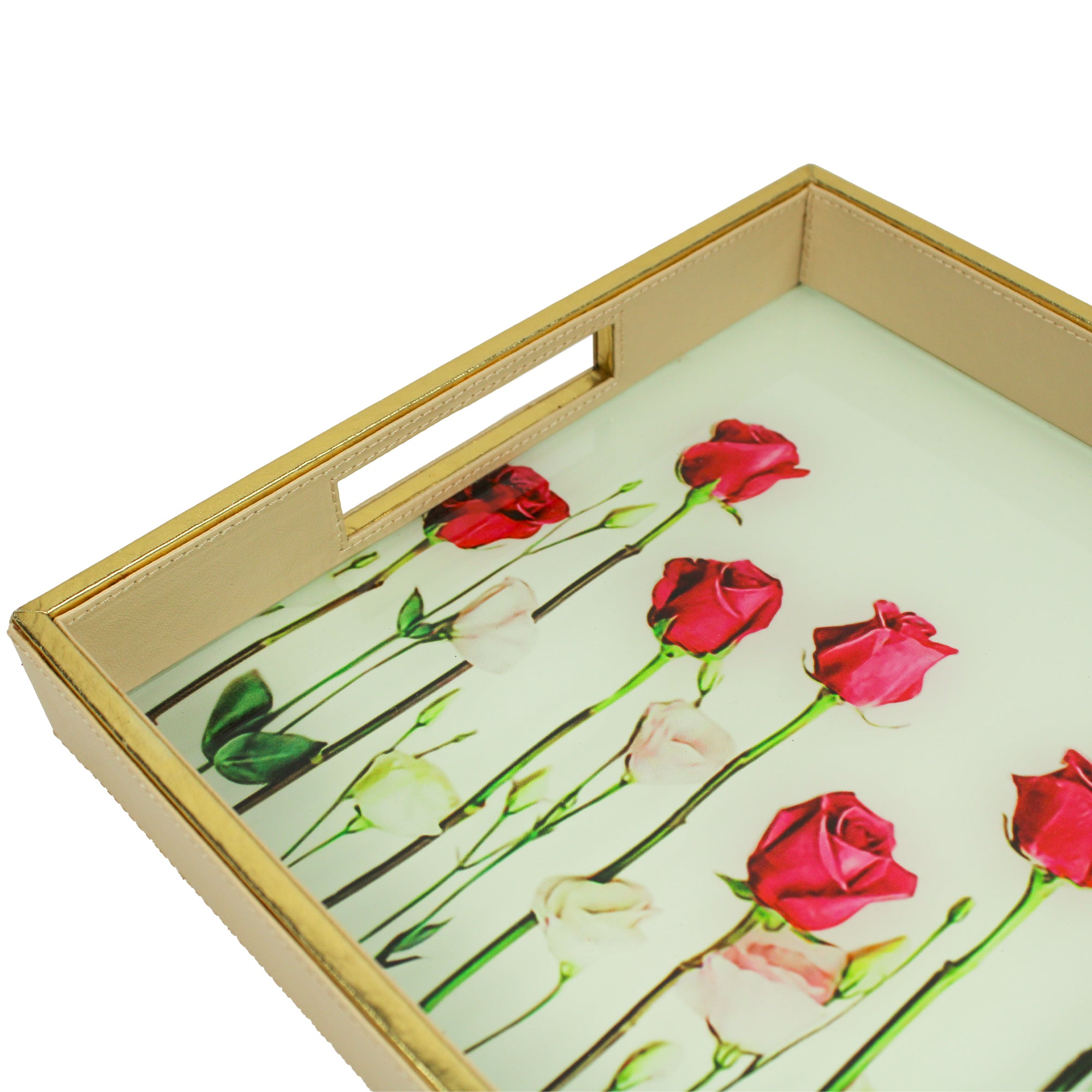 Designer Rose Printed Glass Rectangular Serving Tray