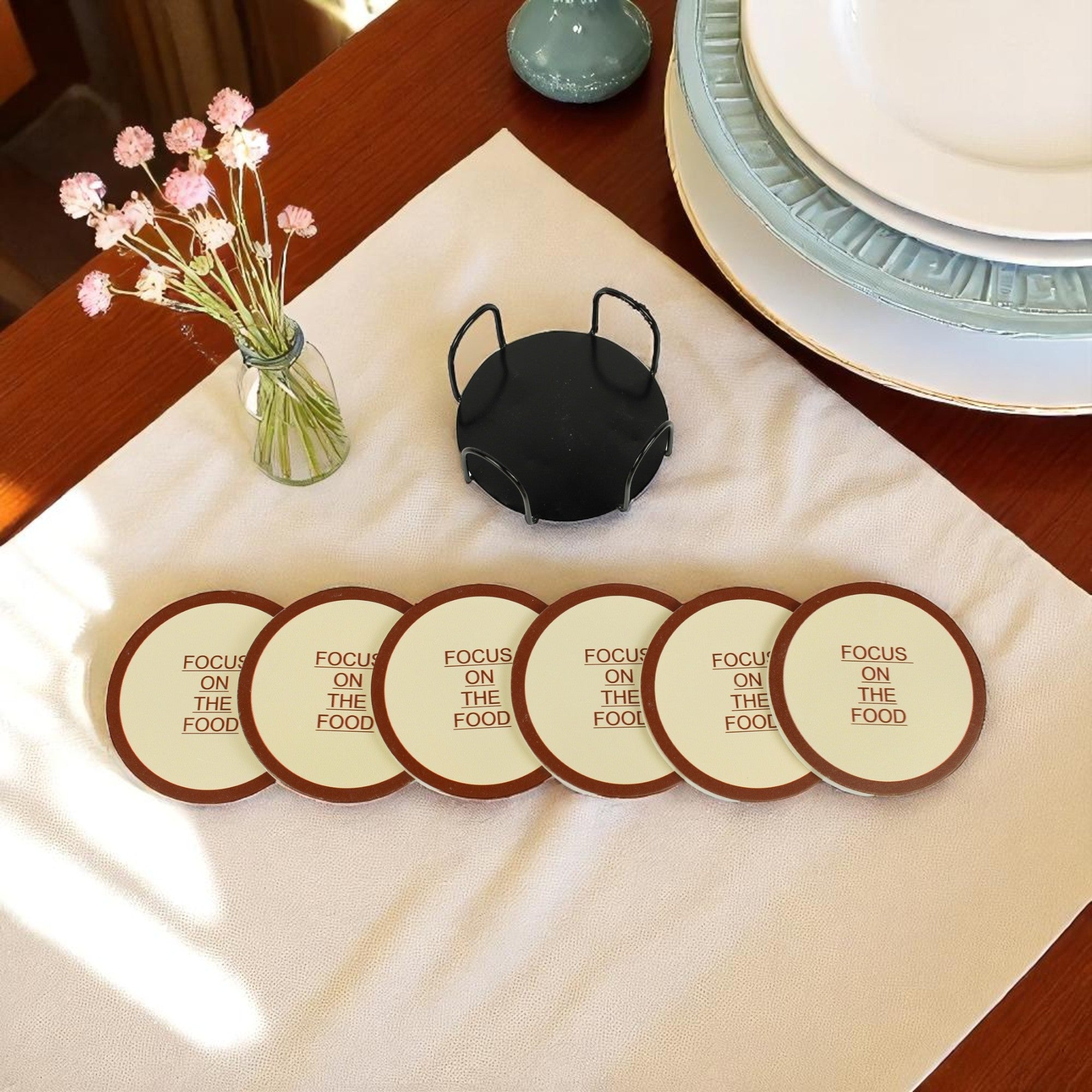 Printed Round MDF Coaster With Metal Caddy Tray Set of Six