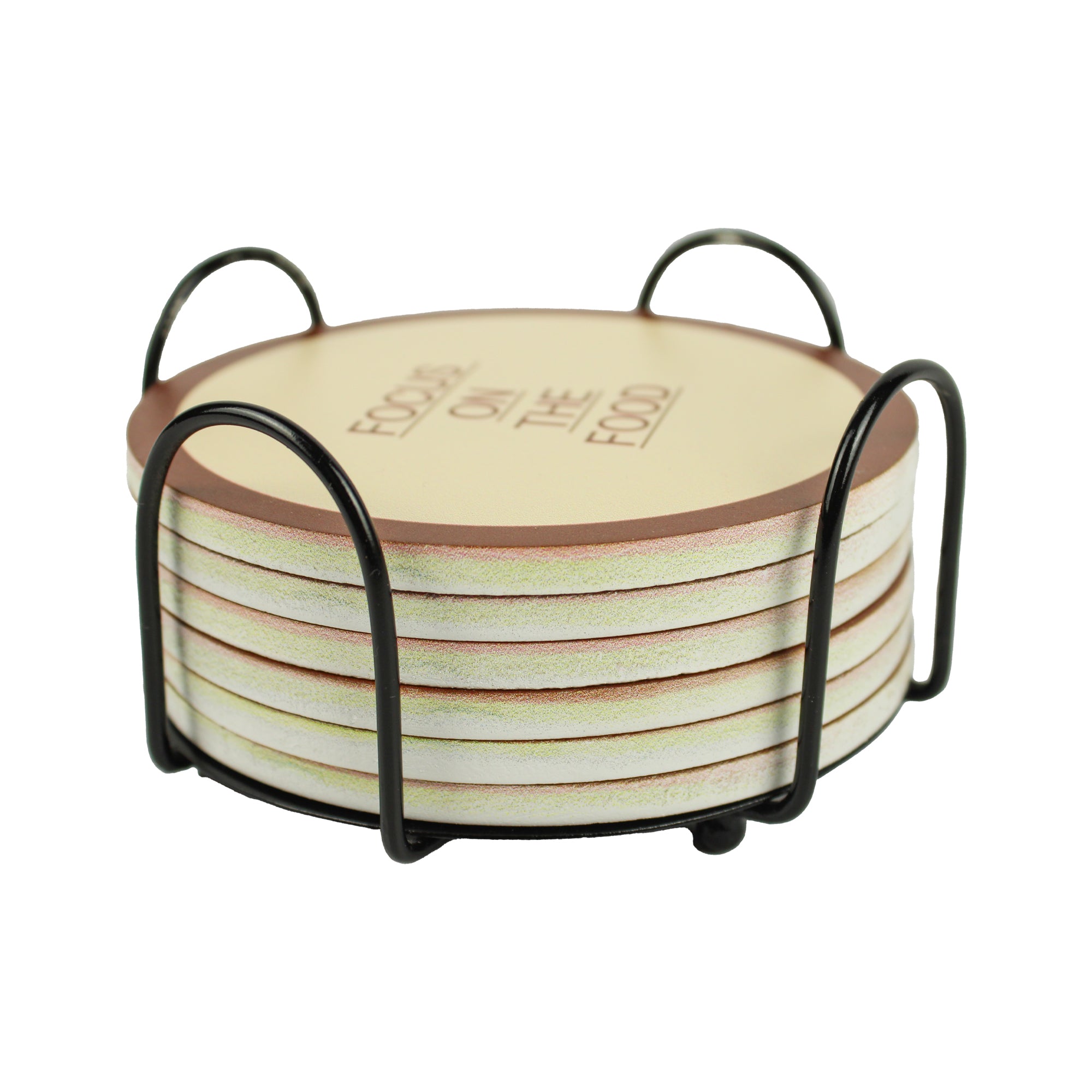 Printed Round MDF Coaster With Metal Caddy Tray Set of Six