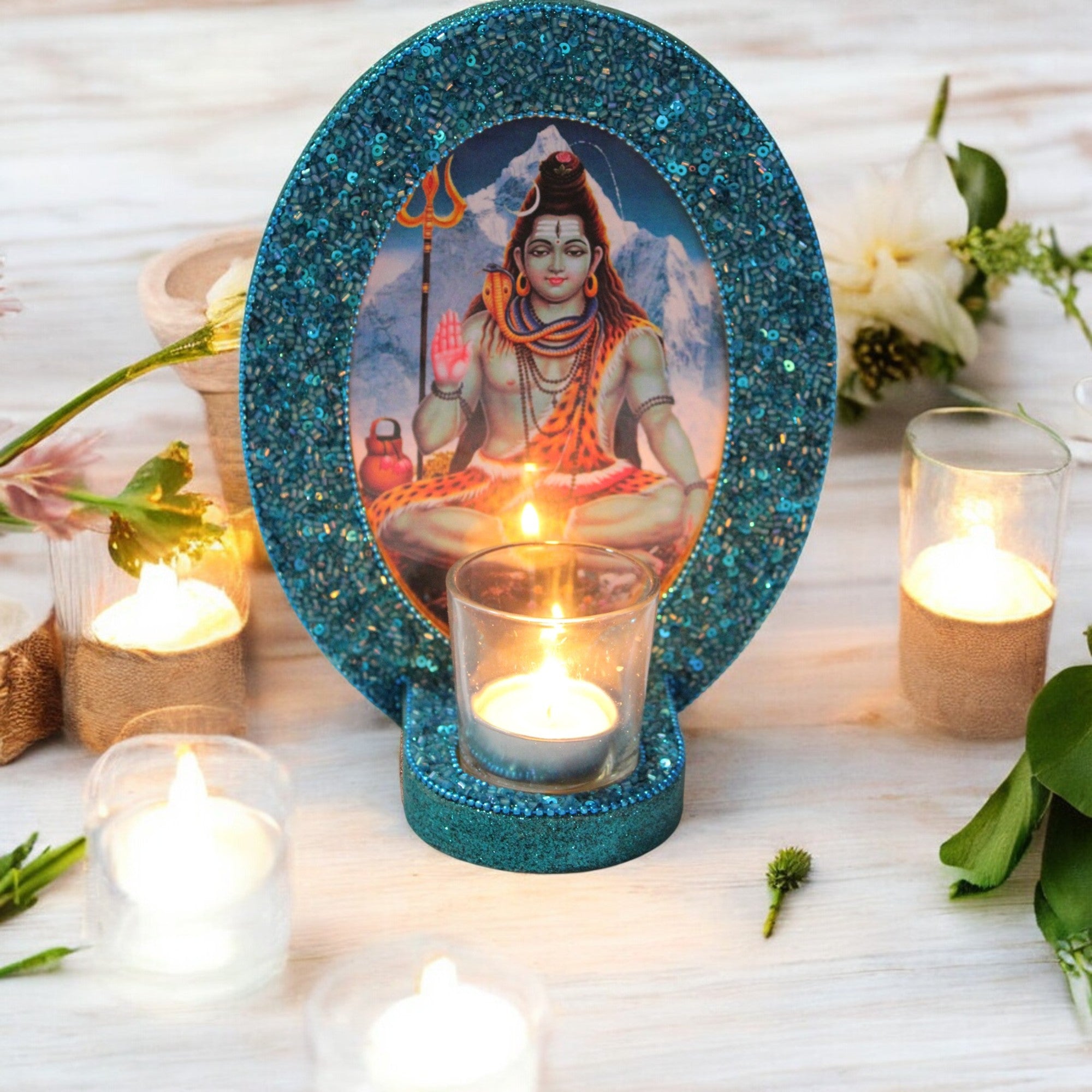 Decorative Lord Shiva Blessings Turquoise Color Photo Frame (5x7 Inches)-TH-251