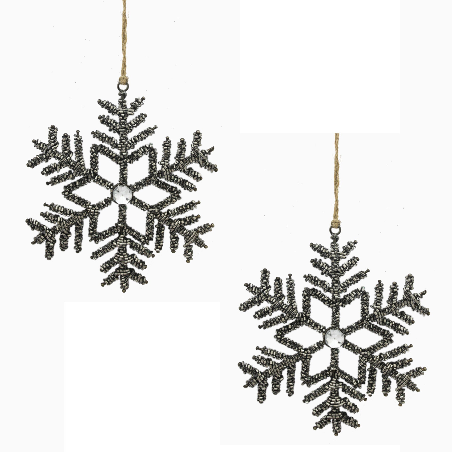 Set of 2 Grey Beaded Snowflake Shaped Christmas Tree Hanging Ornaments