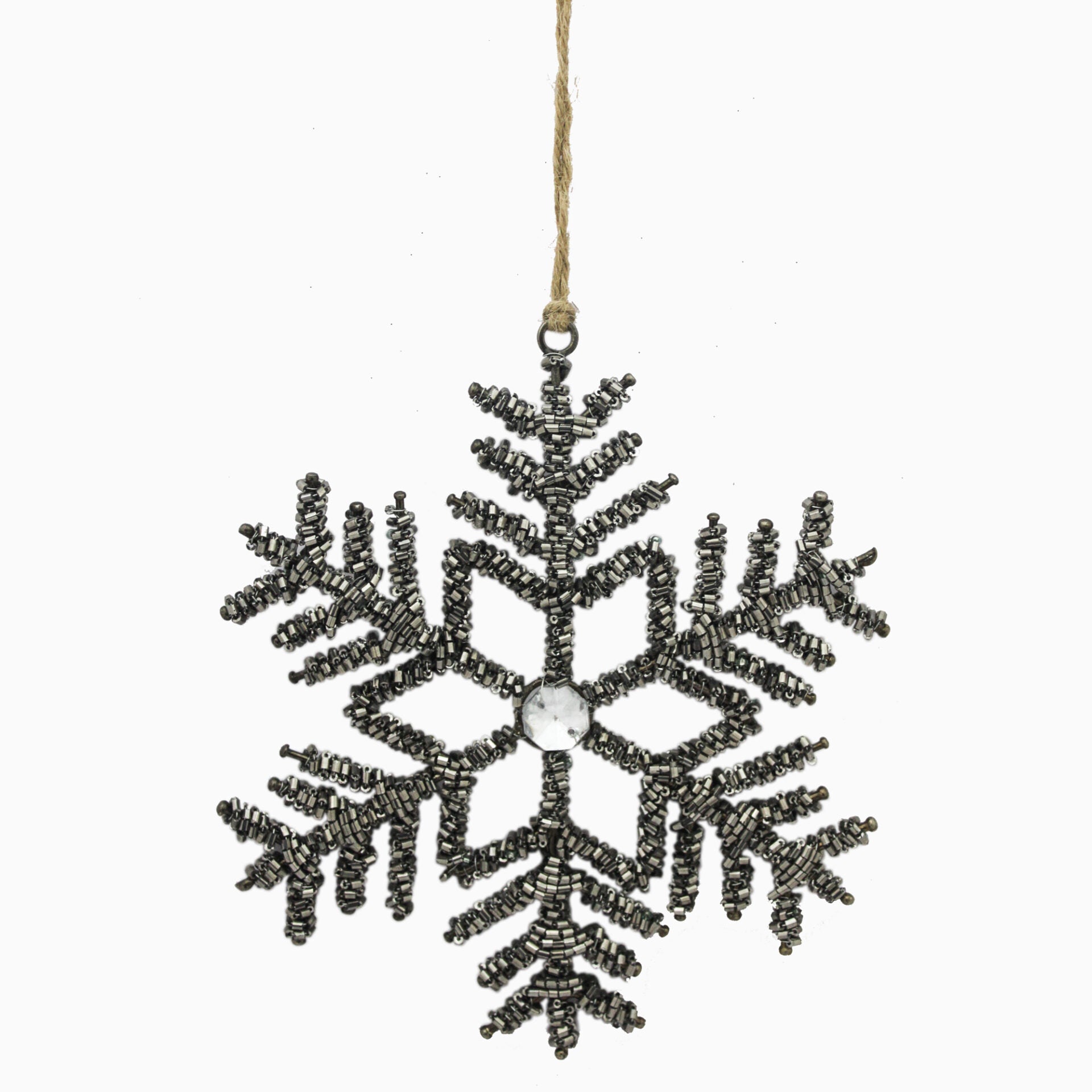 Set of 2 Grey Beaded Snowflake Shaped Christmas Tree Hanging Ornaments