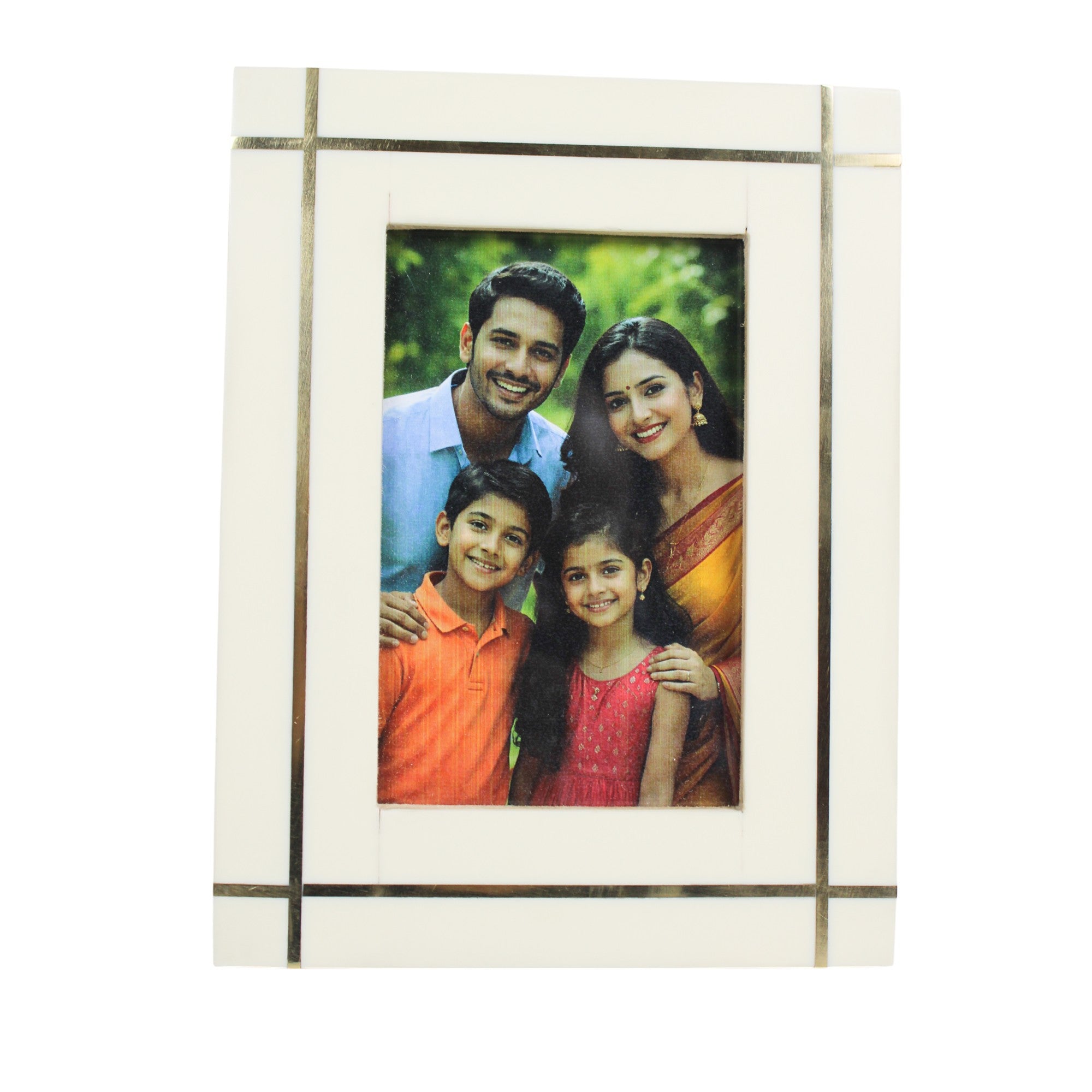 Modern Ivory Resin Photo Frame with Brass Linear Accents