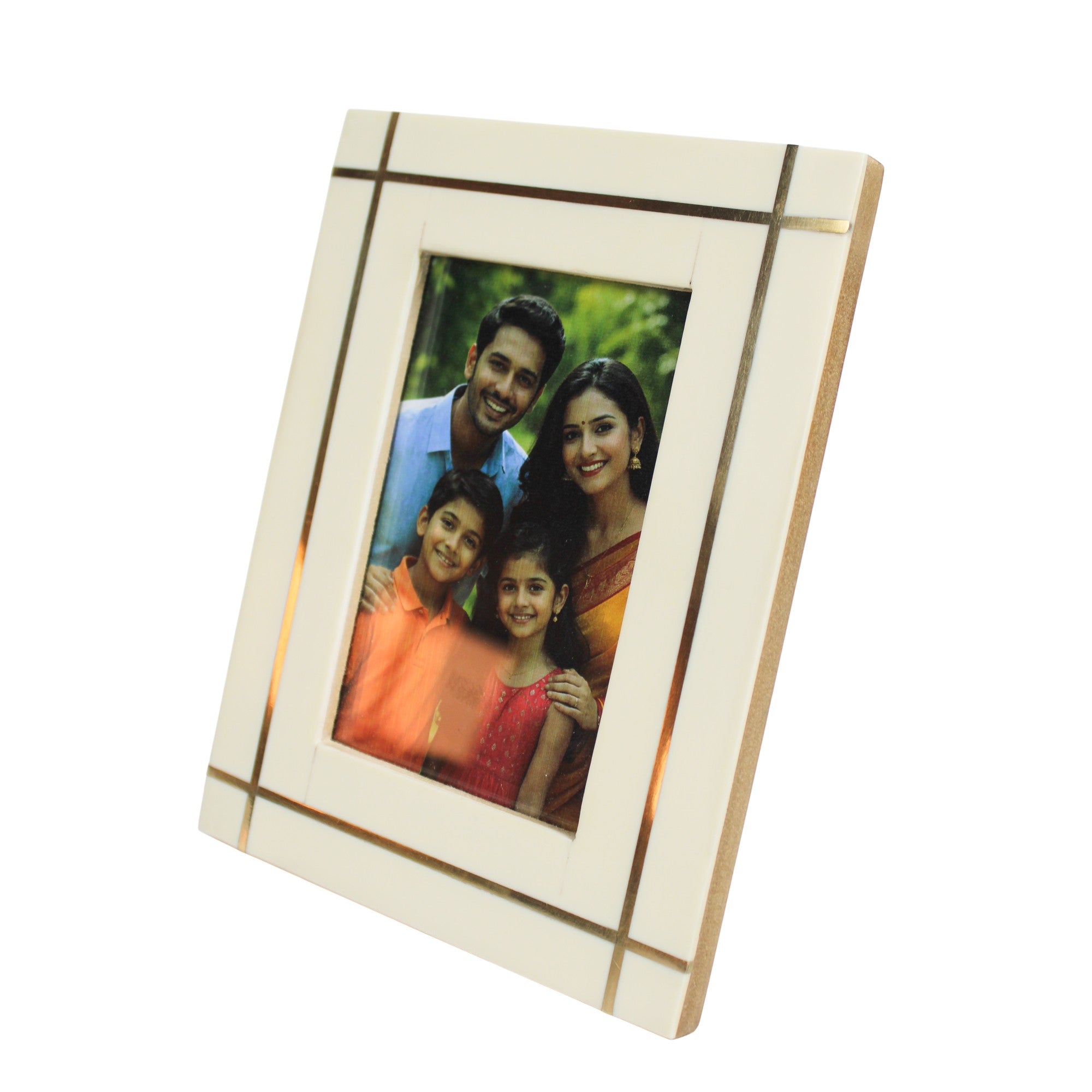 Modern Ivory Resin Photo Frame with Brass Linear Accents