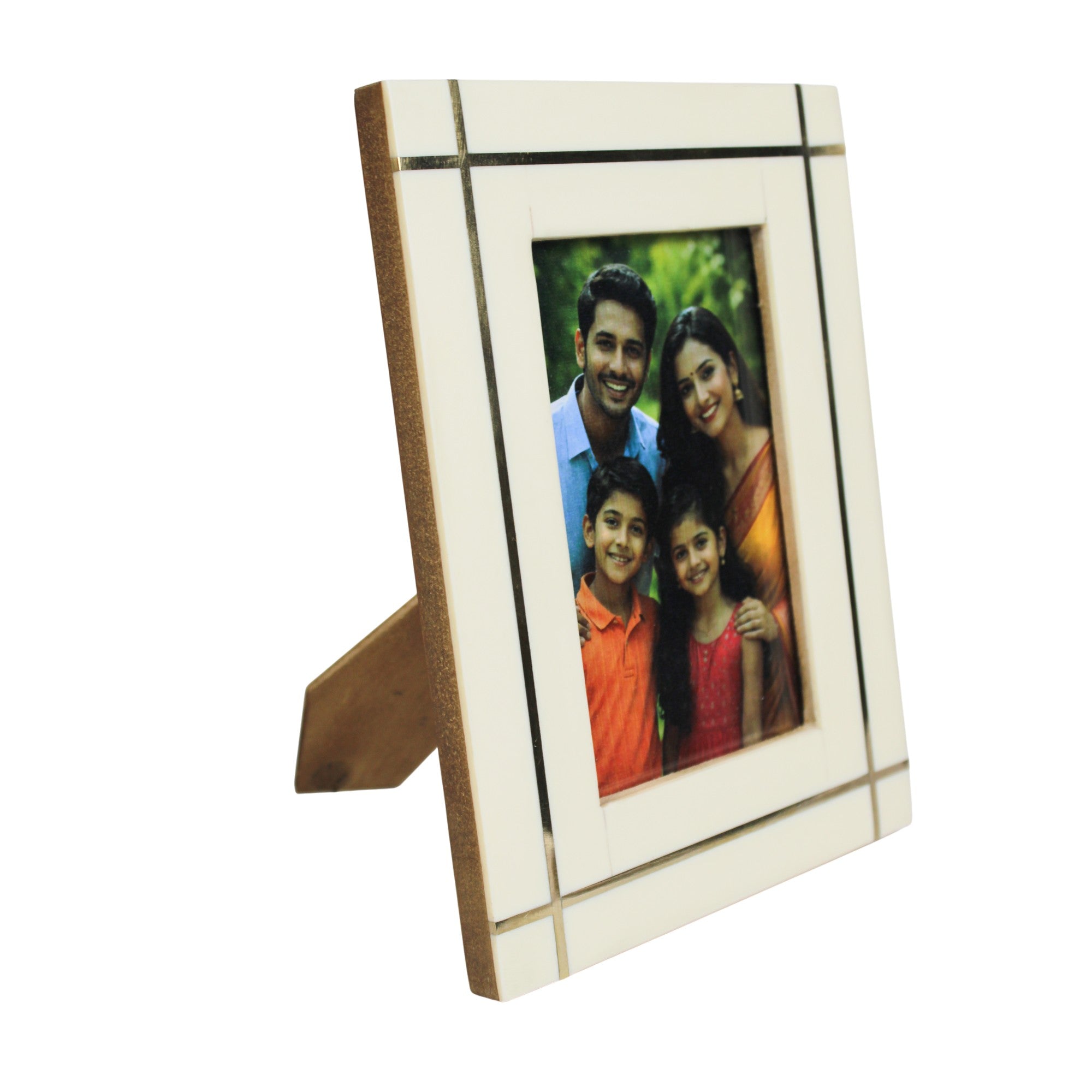 Modern Ivory Resin Photo Frame with Brass Linear Accents