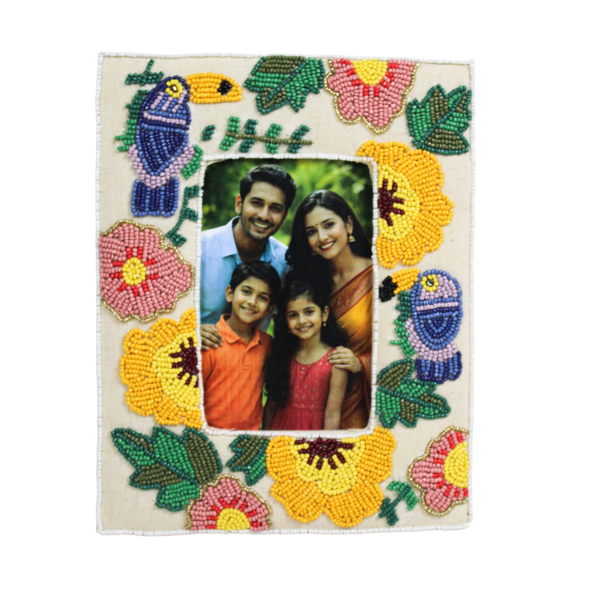 Hand-Beaded Tropical Toucan & Floral Photo Frame