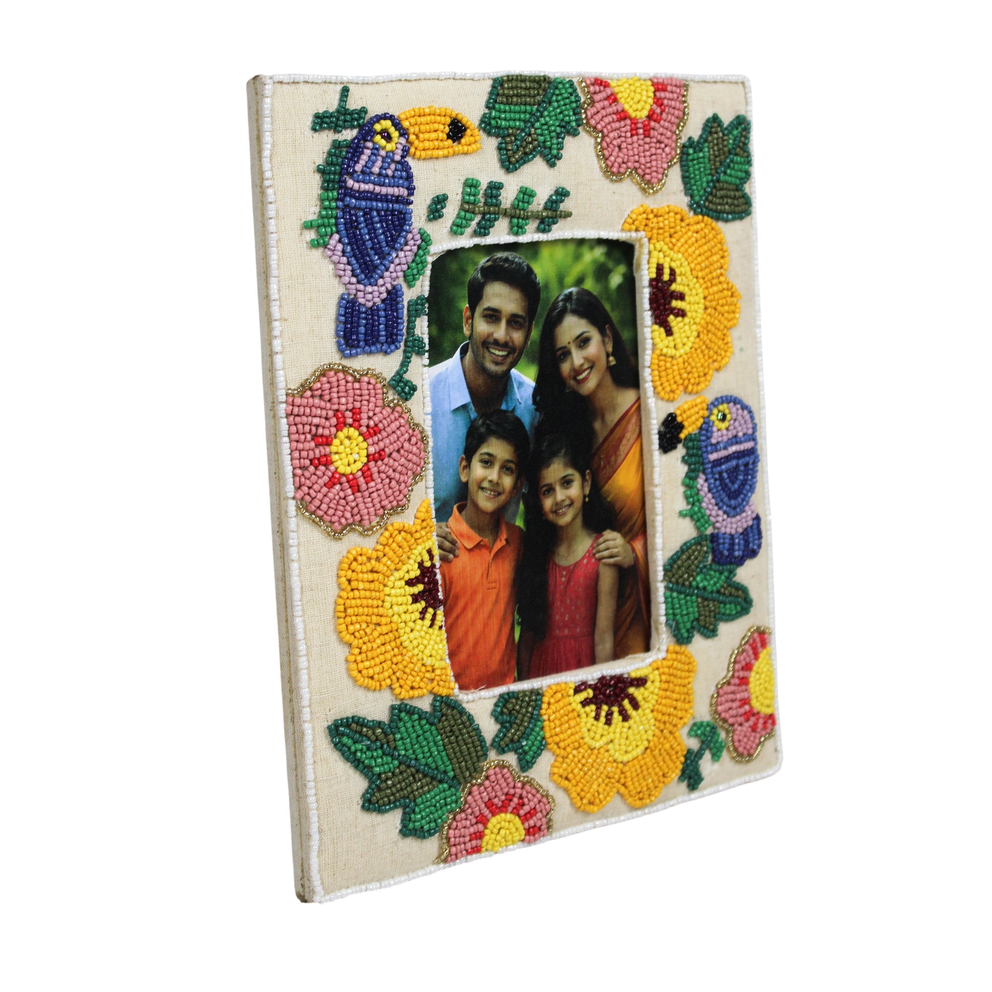Hand-Beaded Tropical Toucan & Floral Photo Frame