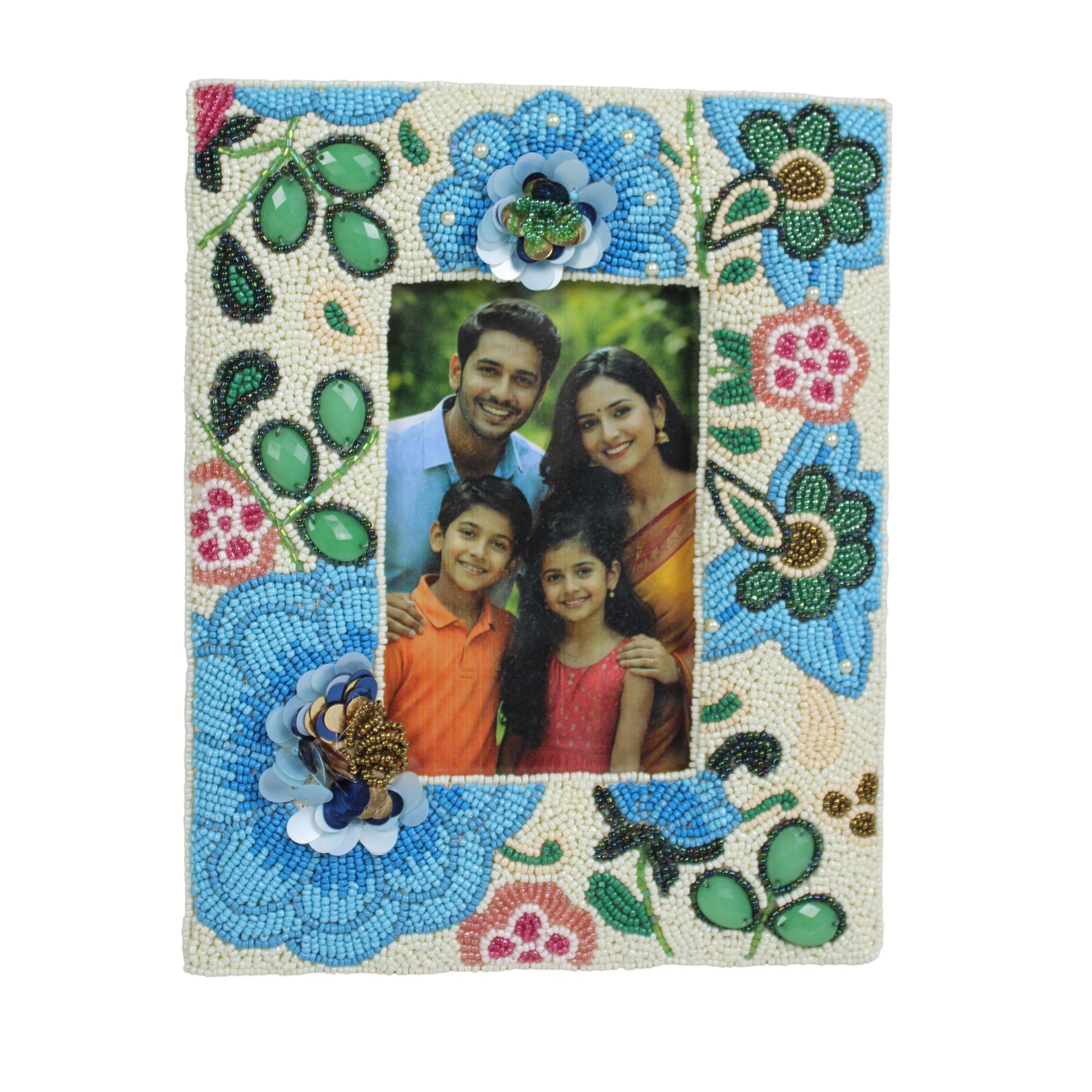 Hand-Beaded Cerulean Floral Photo Frame