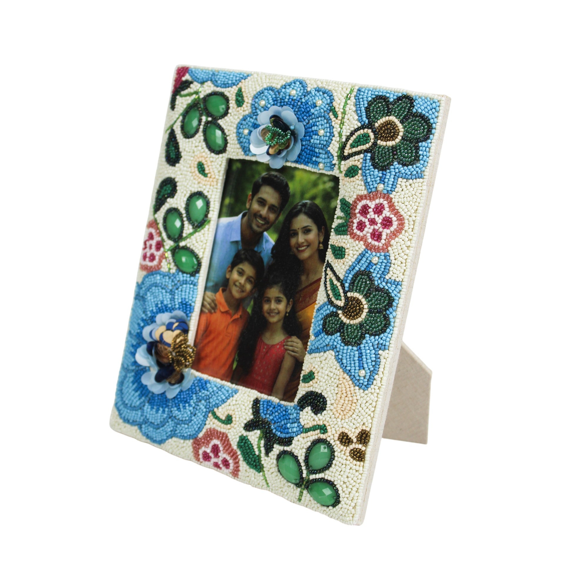 Hand-Beaded Cerulean Floral Photo Frame