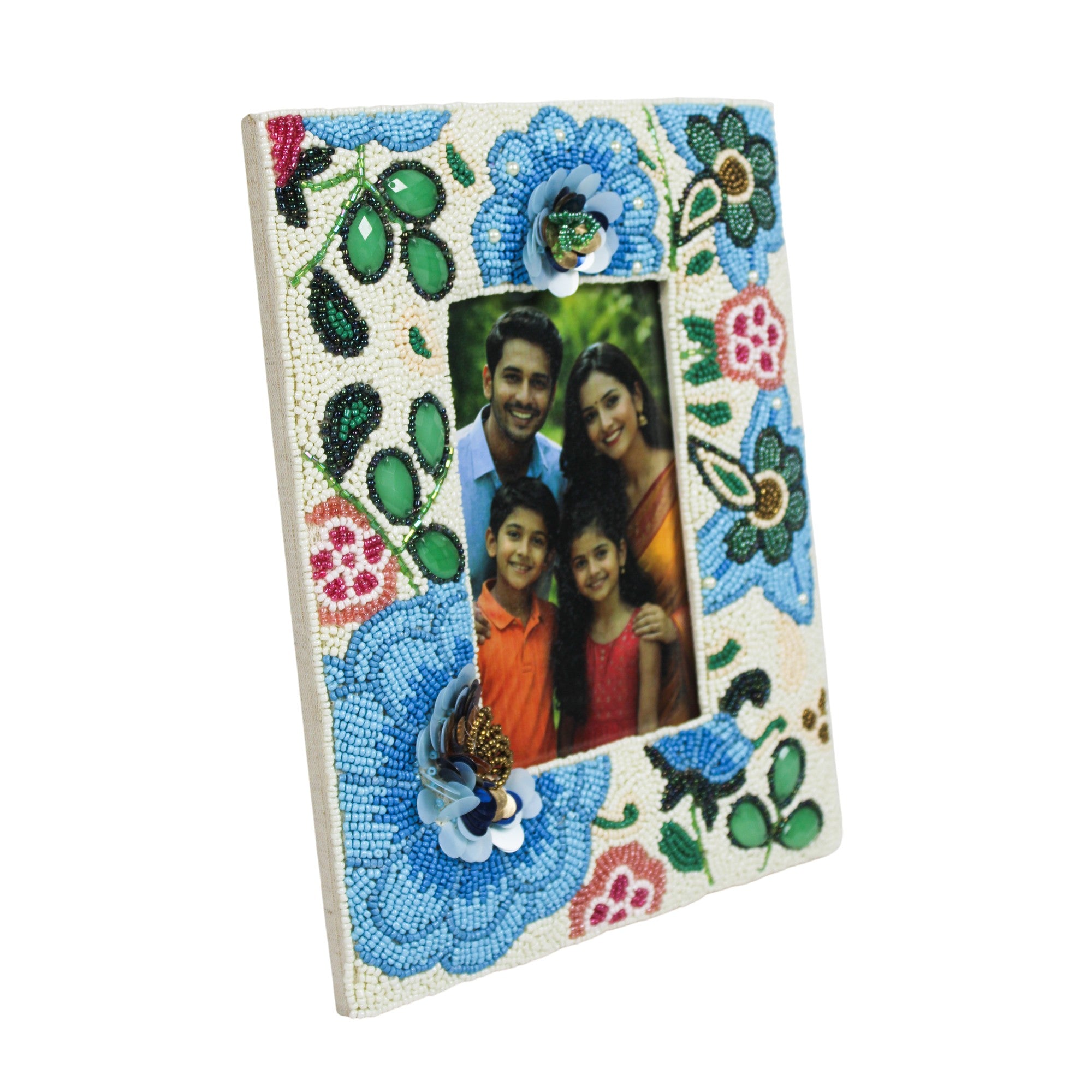 Hand-Beaded Cerulean Floral Photo Frame