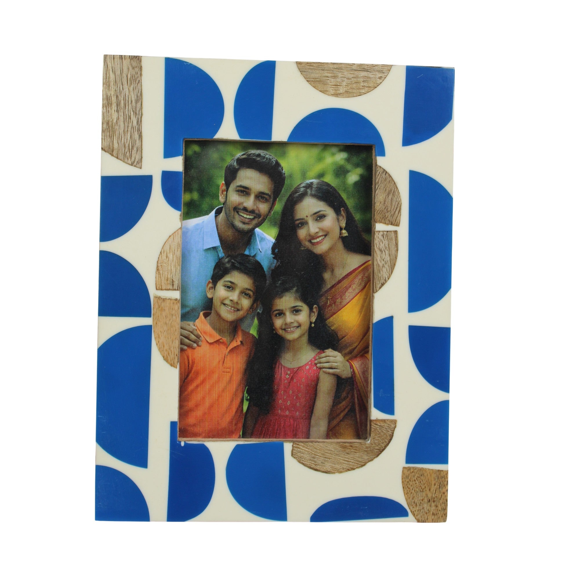 Artisan Hand-Inlay Geometric Photo Frame – Blue & Natural Wood Semi-Circle Design