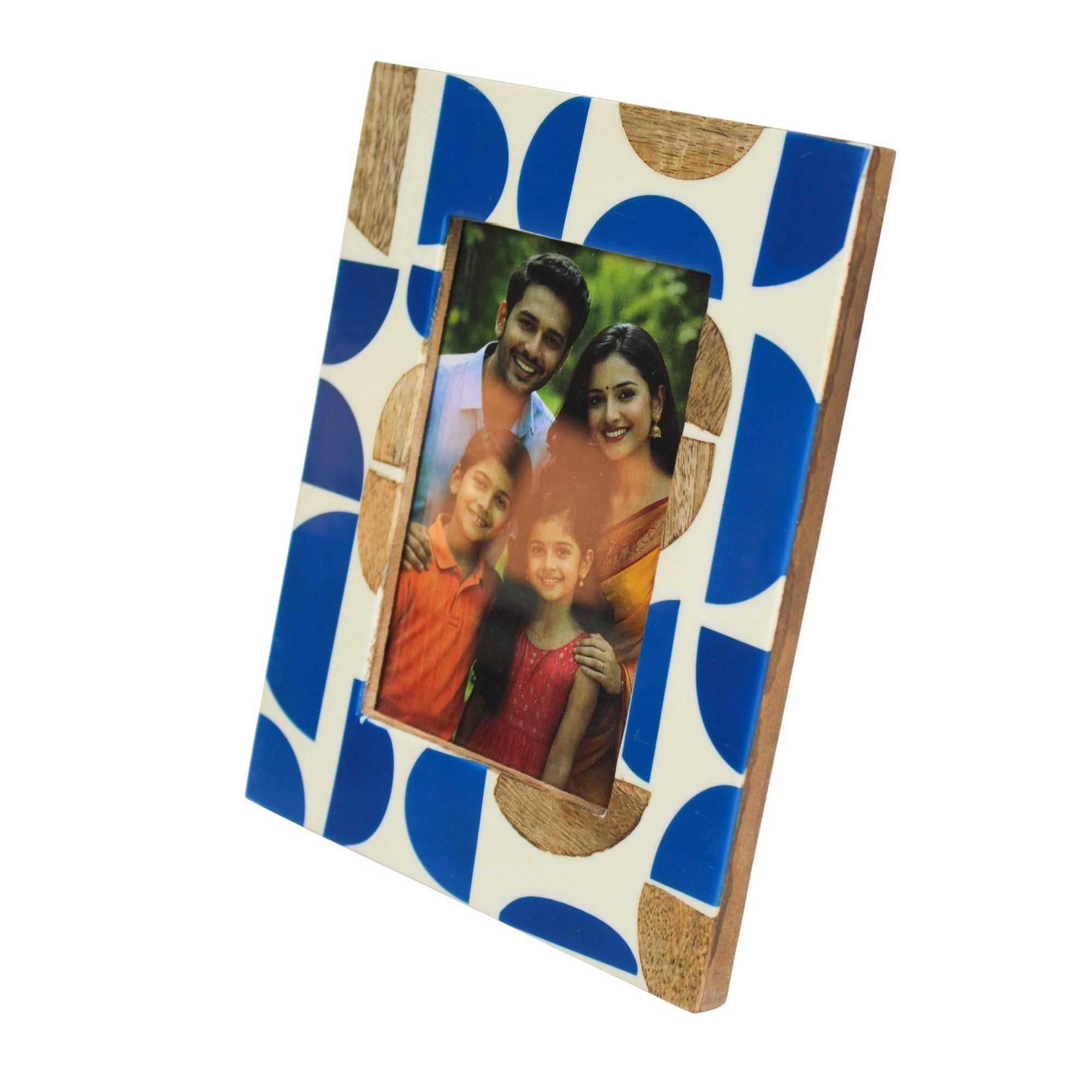 Artisan Hand-Inlay Geometric Photo Frame – Blue & Natural Wood Semi-Circle Design