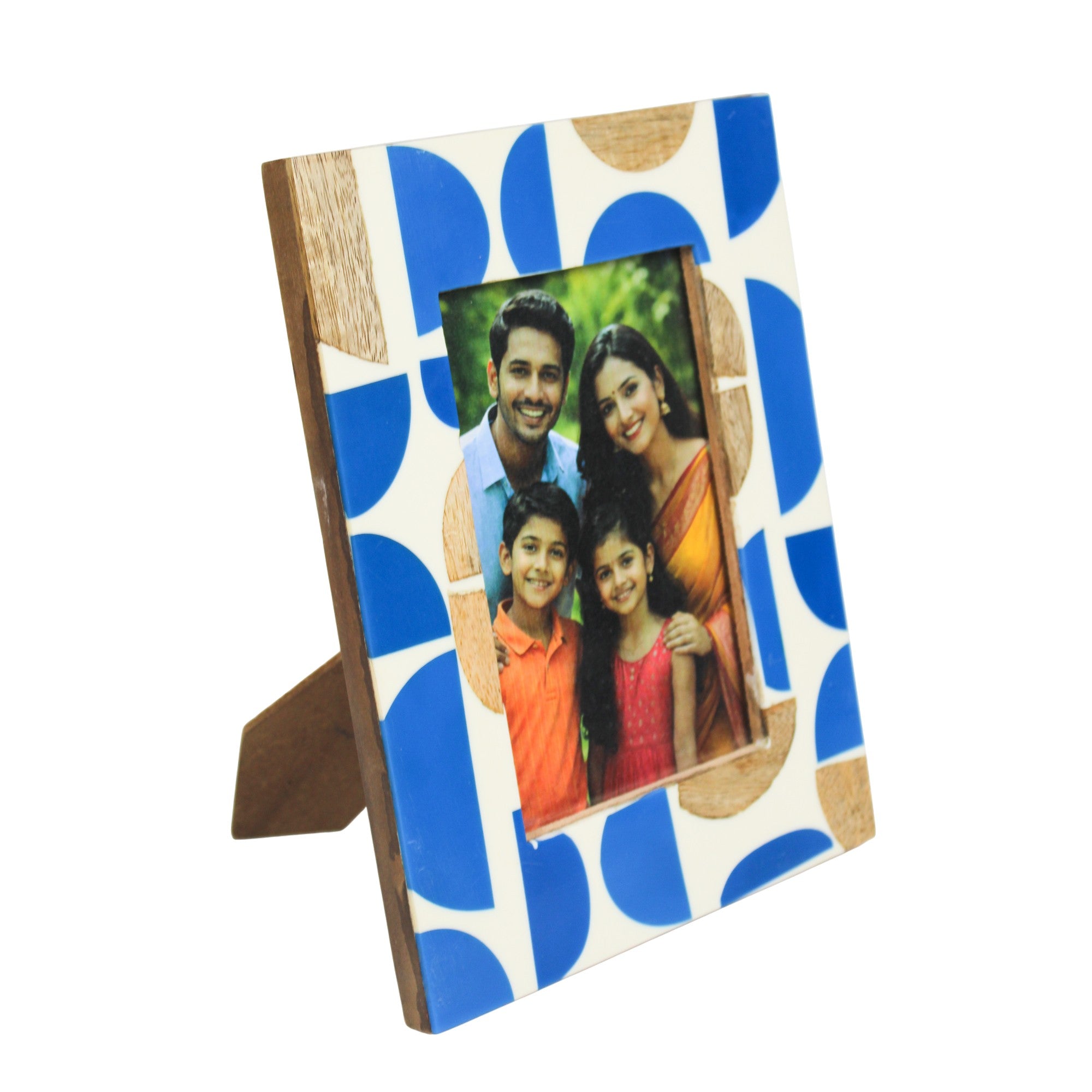 Artisan Hand-Inlay Geometric Photo Frame – Blue & Natural Wood Semi-Circle Design