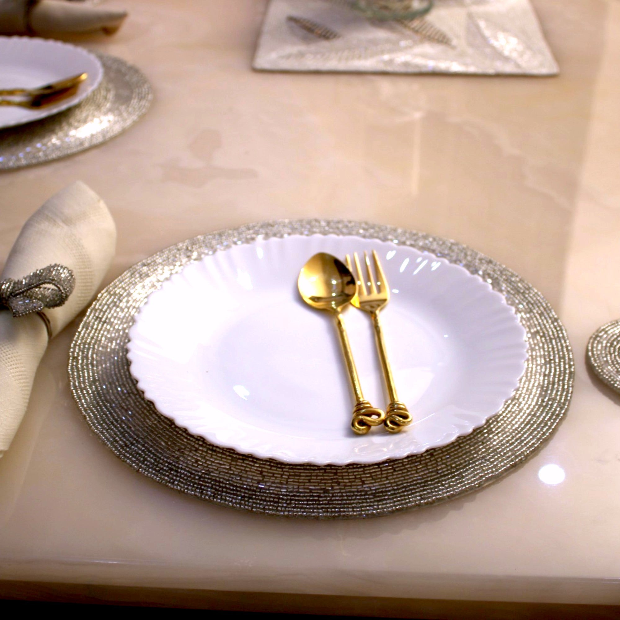 Silver Beaded Placemats for  Dining Set of Two