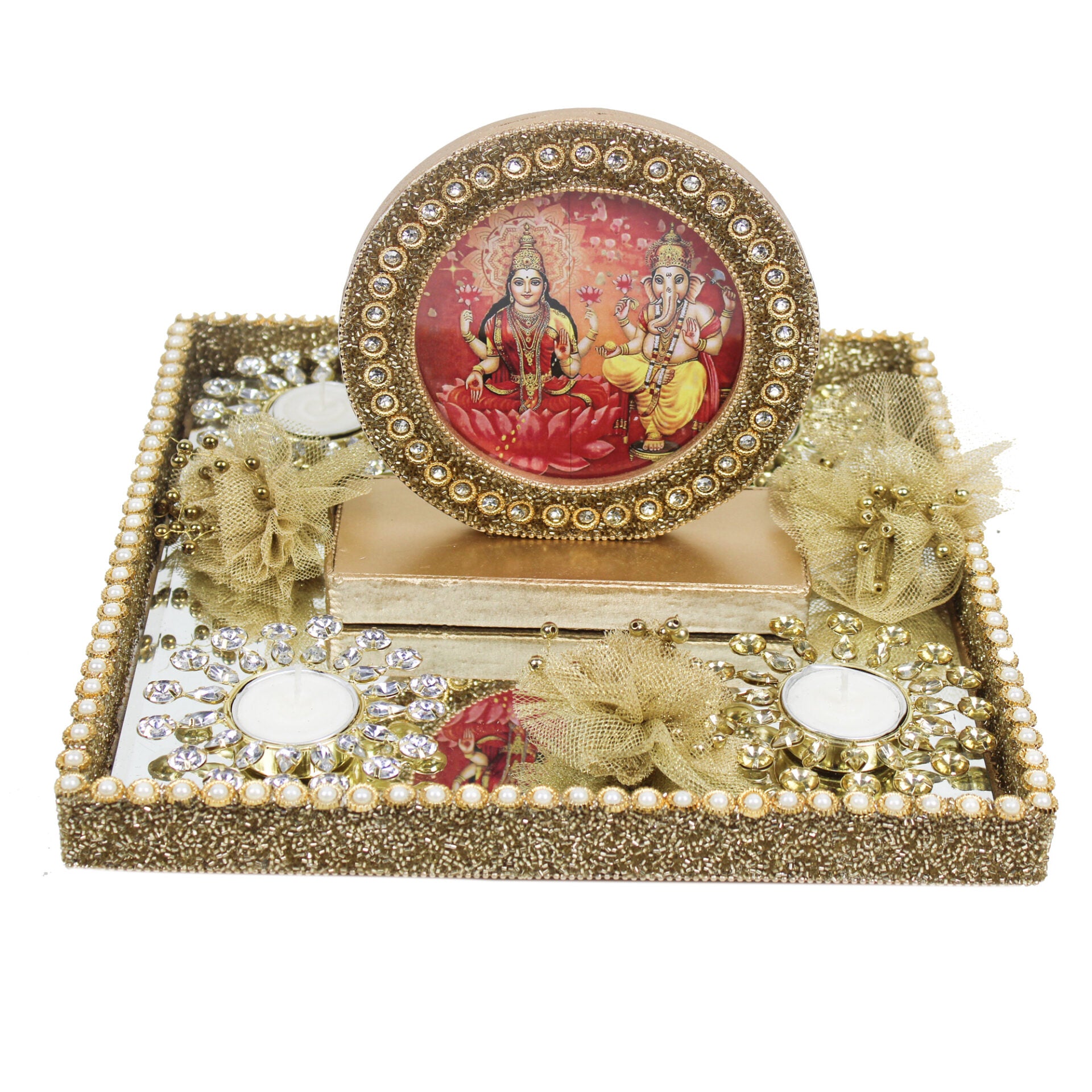 Beautiful Laxmi Ganesh Photo Frame With T-light & Flowers for Diwali Gifts