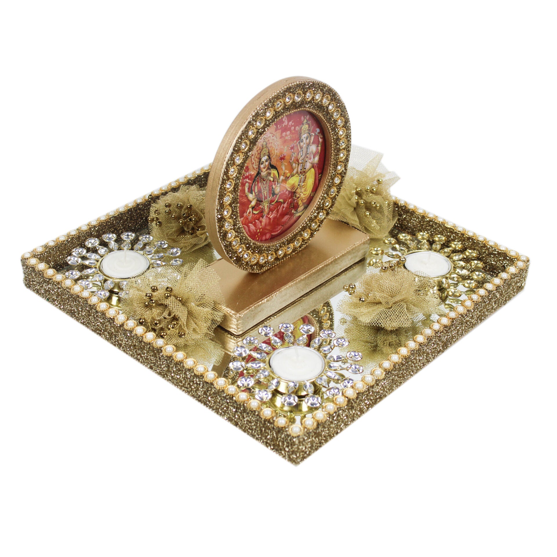 Beautiful Laxmi Ganesh Photo Frame With T-light & Flowers for Diwali Gifts