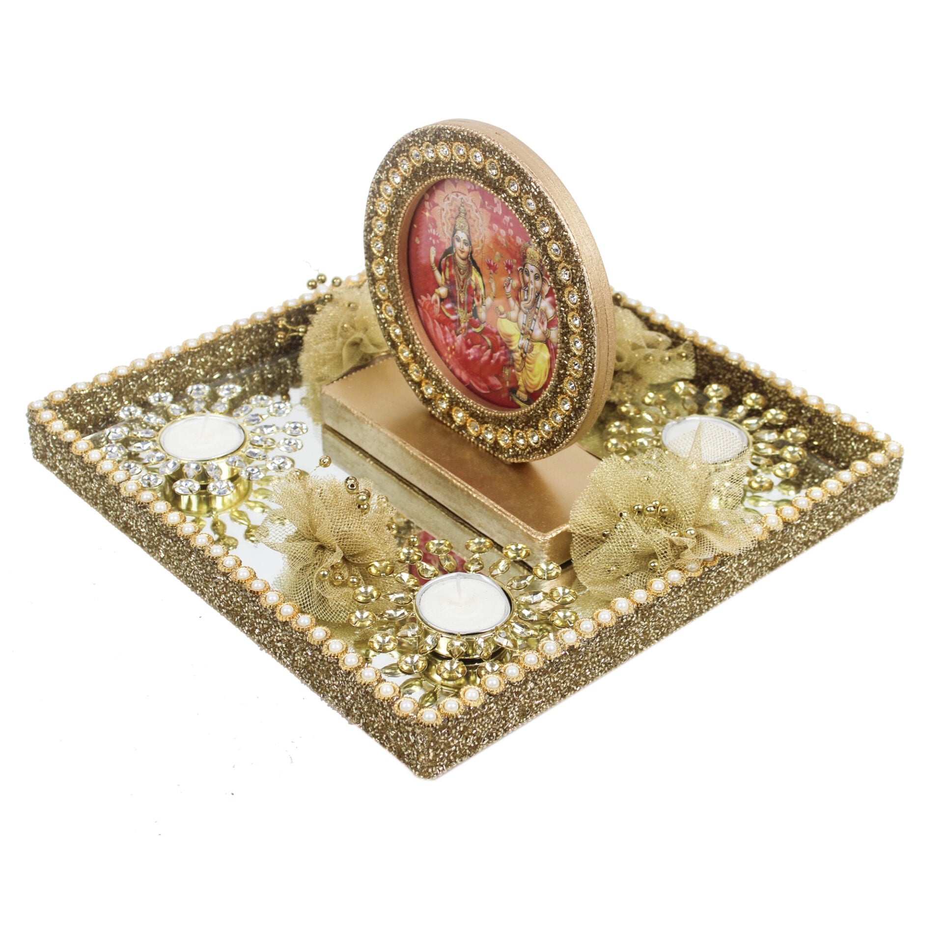 Beautiful Laxmi Ganesh Photo Frame With T-light & Flowers for Diwali Gifts