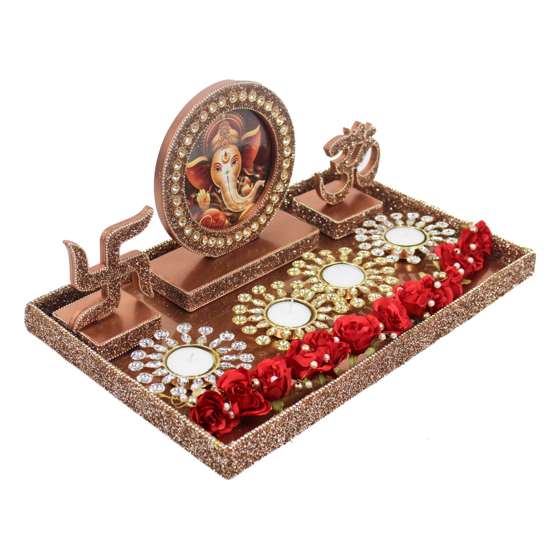 Beautiful Laxmi Ganesh Photo Frame With T-light & Flowers for Diwali Gifts