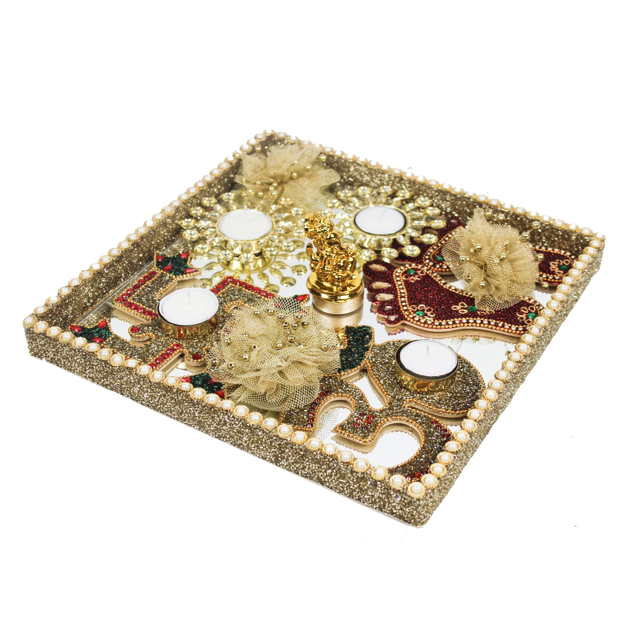 Lord Ganesh Set of 3 Big Size Beaded Laxmi Ji Charan with Om & Swastik Diya Hamper for Diwali Gifts