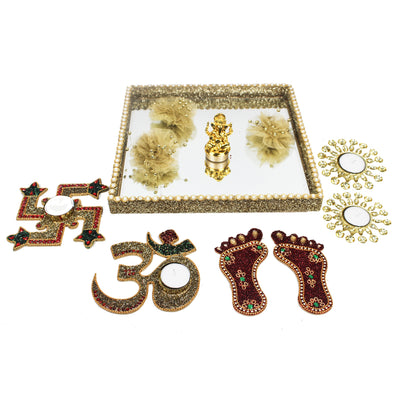 Lord Ganesh Set of 3 Big Size Beaded Laxmi Ji Charan with Om & Swastik Diya Hamper for Diwali Gifts