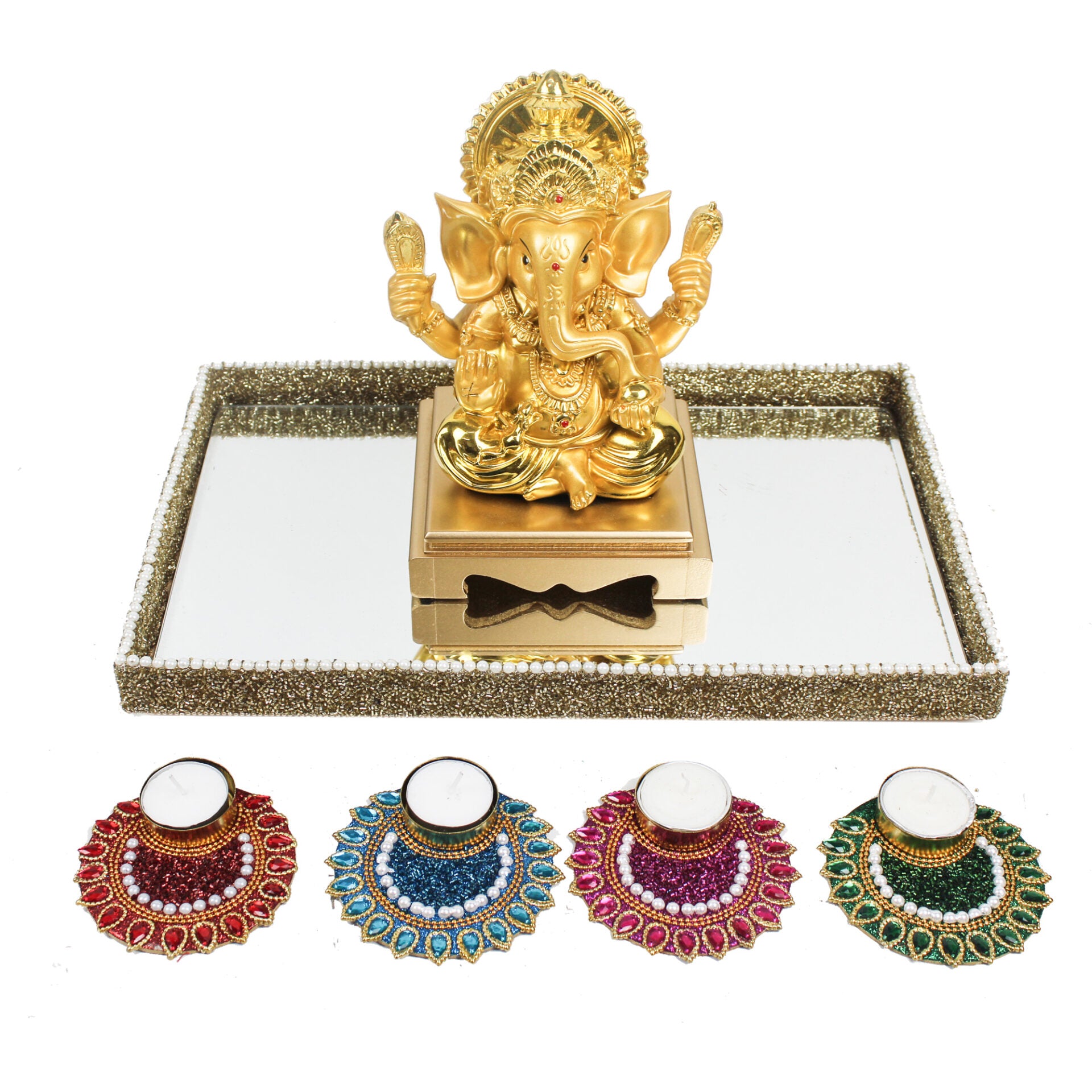 Lord Ganesha with Set of 4 Peacock Design T-lights & Flowers Hamper for Diwali Gifts