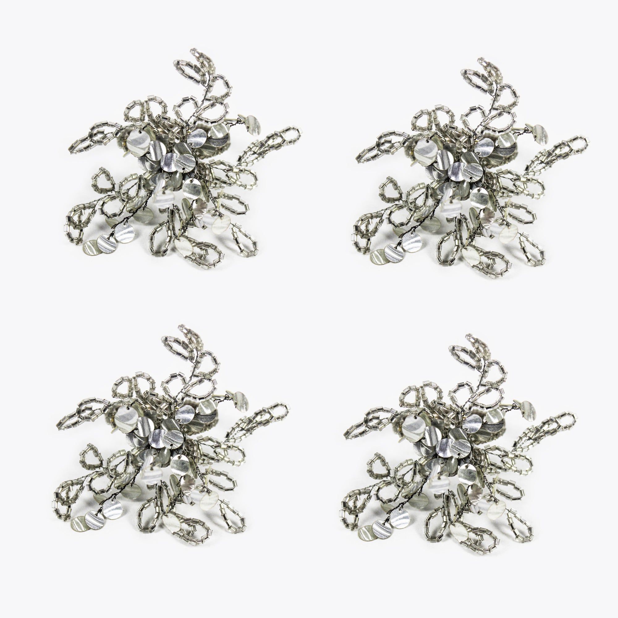 Silver Beaded Flower Napkin Ring Set of Four