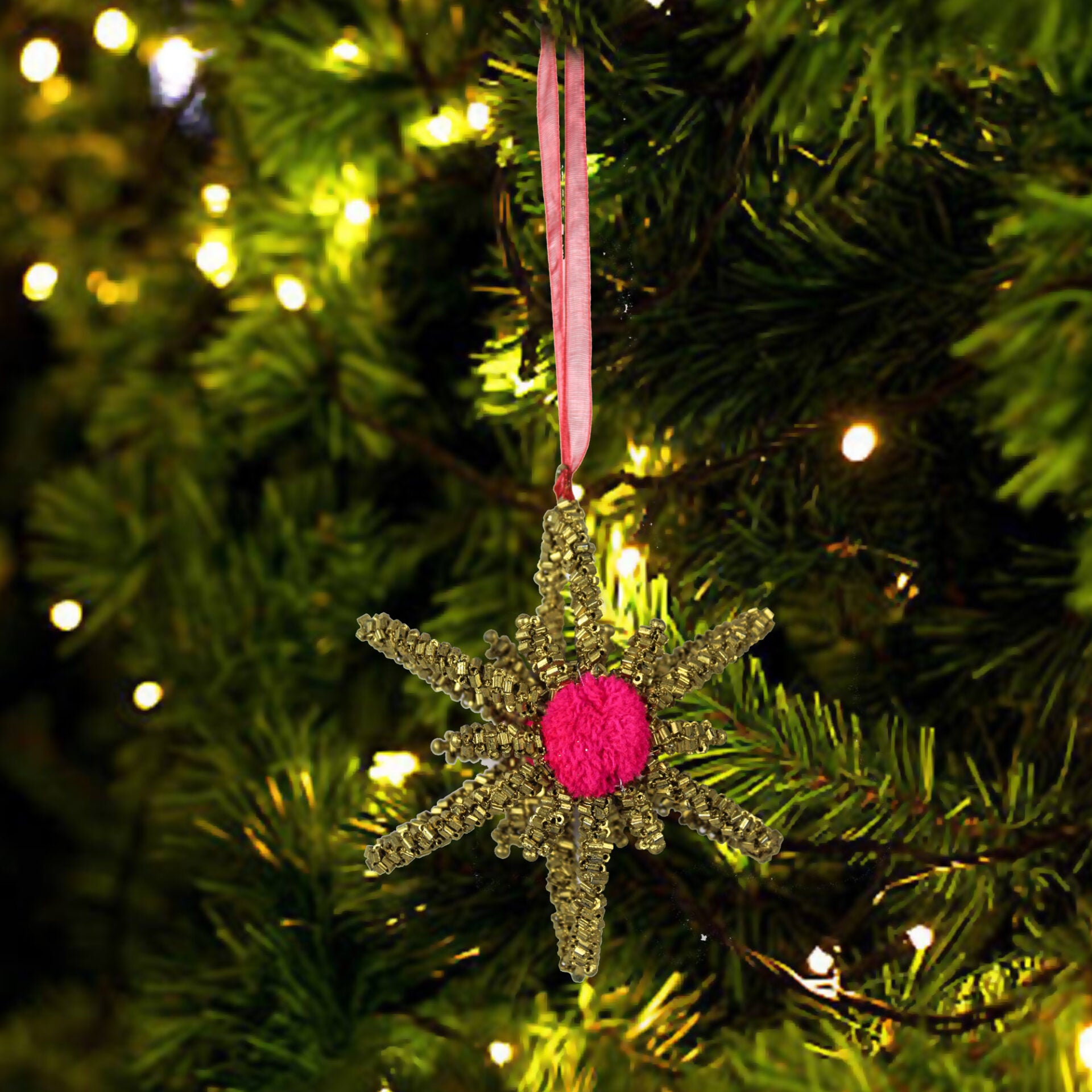 Golden Beaded Snowflake Shaped Christmas Decoration