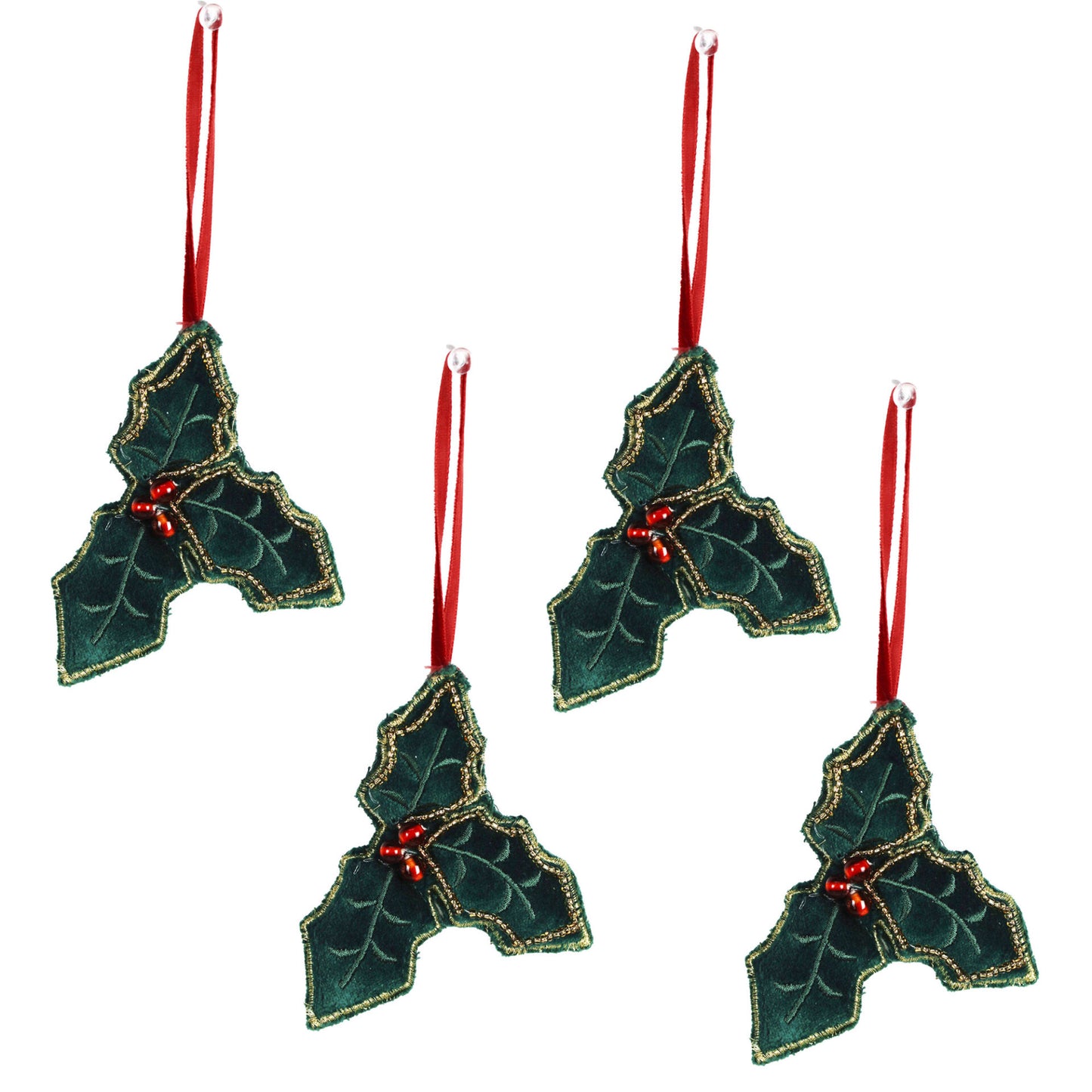 Set of 4 Leaf Embroidered Velvet Fabric Christmas Ornament